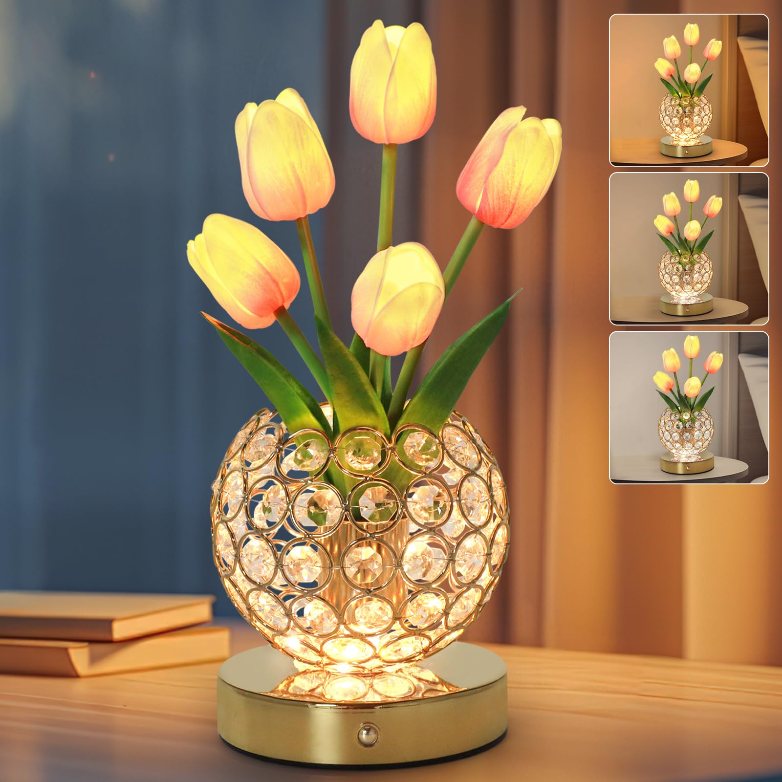 Strackvial Tulip Table Lamp, Rechargeable Cordless Crystal Night Light, 3 Colors Touch Stepless Dimming Artificial Flower Light, Led Flower Bedside Lamp Romantic For Girl Women Mom (Tulip2 - Pink)