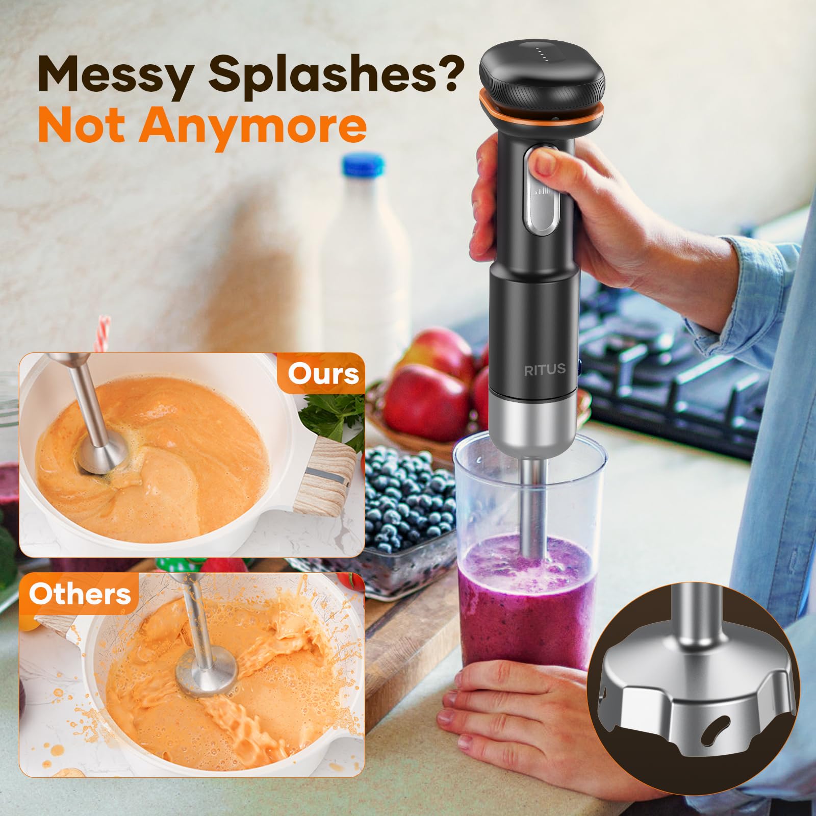 Ritus Cordless Stick Immersion Blender 5-In-1, 13000Rpm Soup Blender Rechargeable Handheld Mixer For Baby Food & Smoothies, Variable Speed, Dishwasher-Safe, Mixing Beaker, Chopper, Whisk Milk Frother
