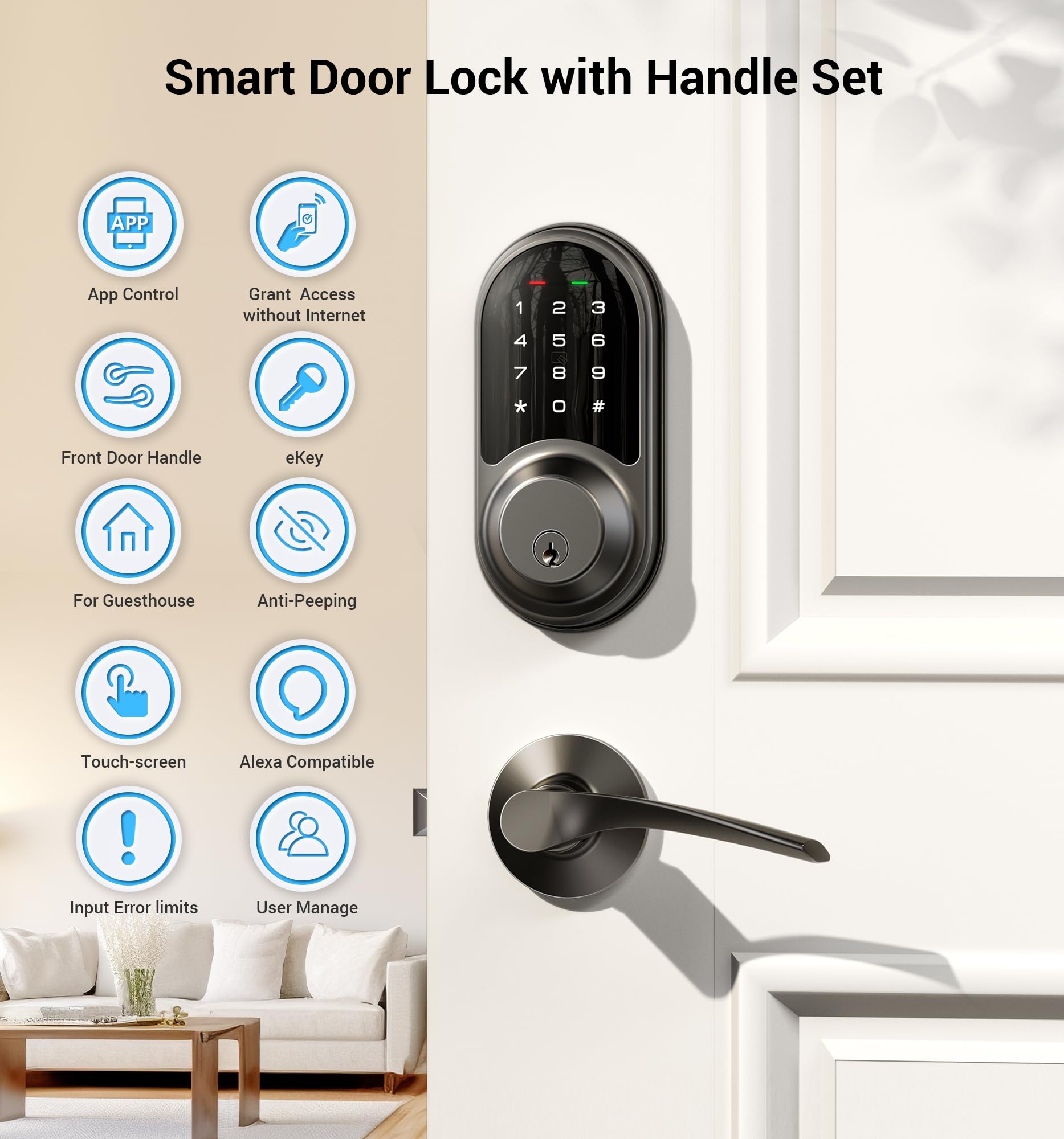 Veise Rz06B Smart Locks For Front Door, 2 Lever Handle Set, Keyless Entry Deadbolt, App Control, Electronic Digital Touchscreen Keypad, Auto Lock, Ip54 Waterproof, Easy Installation, Matte Black