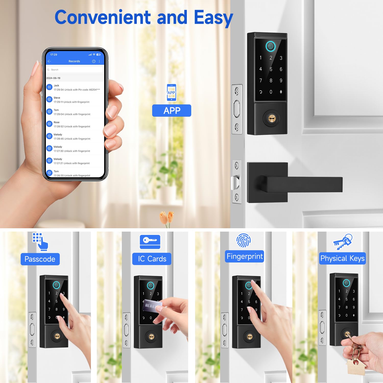 Bebasia App Control Fingerprint Lock With Handle, Heavy Duty Smart Keyless Entry Front Door Lock Set, Keypad Deadbolt With Lever Handles, Smart Locks For Front Door, Anti-Peeping Password Black