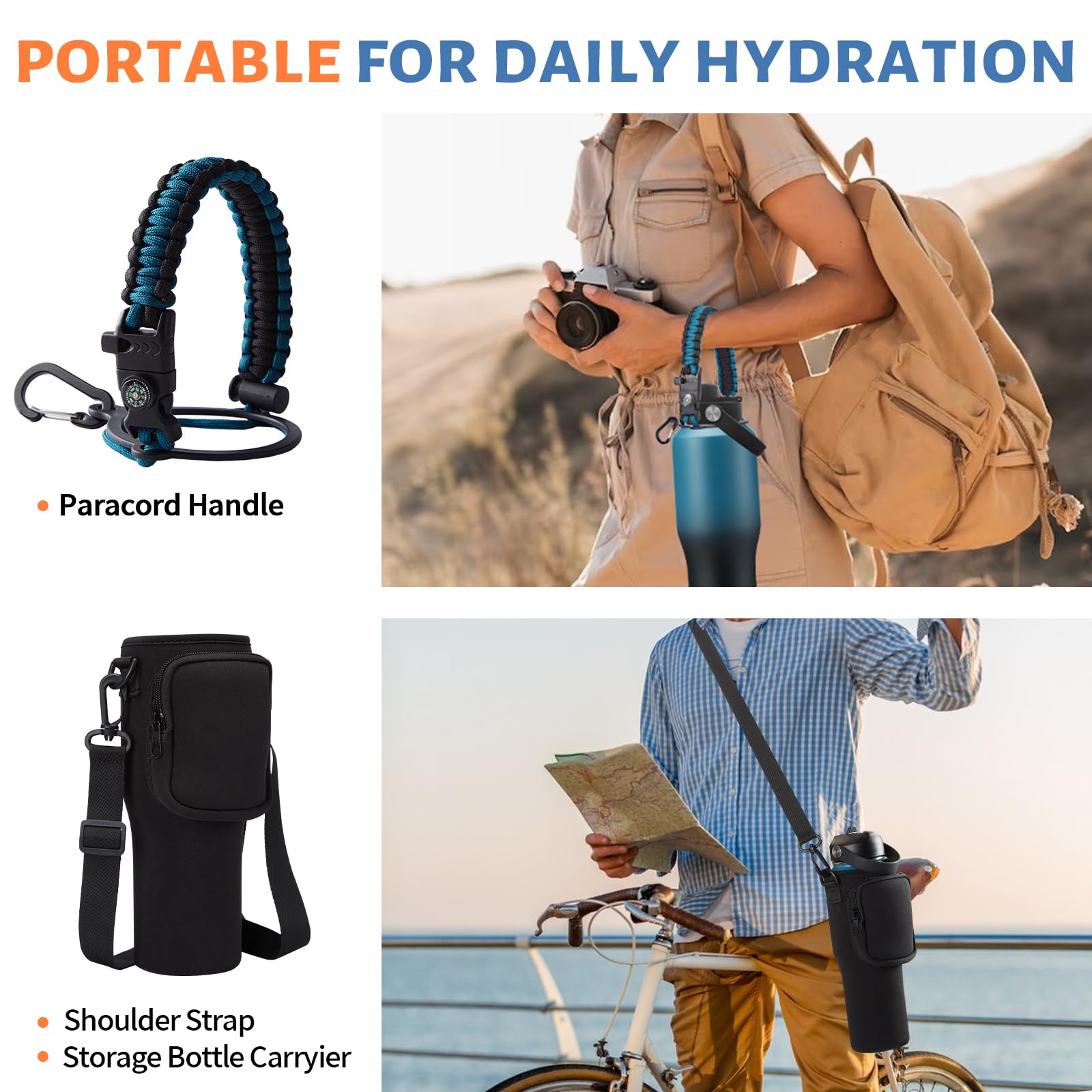 32 Oz Insulated Tumblers Metal Water Bottles - With Paracord Handle, Waterbottle With Straw