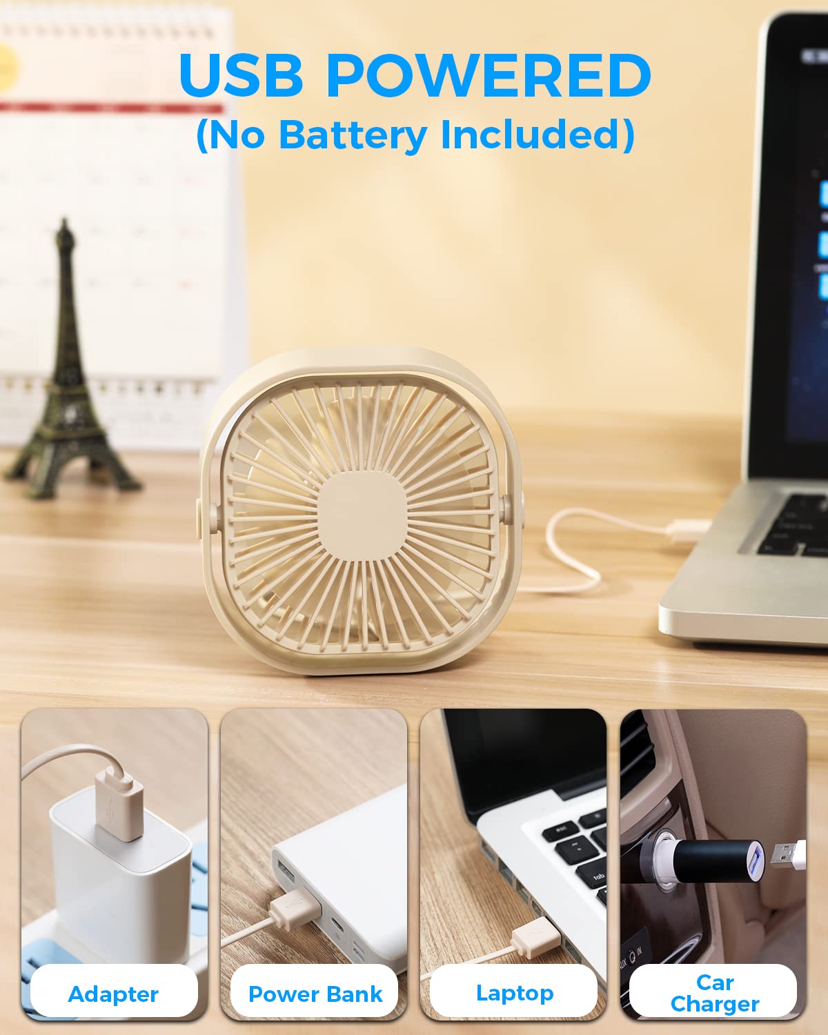 Rjvw 4 Inch Small Usb Desk Fan, 3-Speed Portable & 360°Rotatable Mini Cooling Fan, Usb-Powered