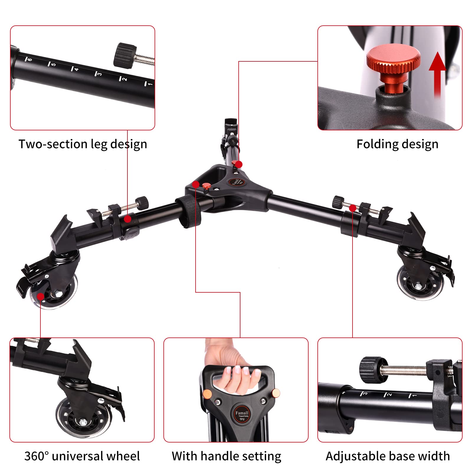 Famall Camera Tripod Dolly, Heavy Duty Tripod Dolly With Larger 3-Inch Rubber Wheels, Adjustable Legs And Carry Bag, Portable Tripod Wheels Compatible With Most Video Tripods And Light Stands
