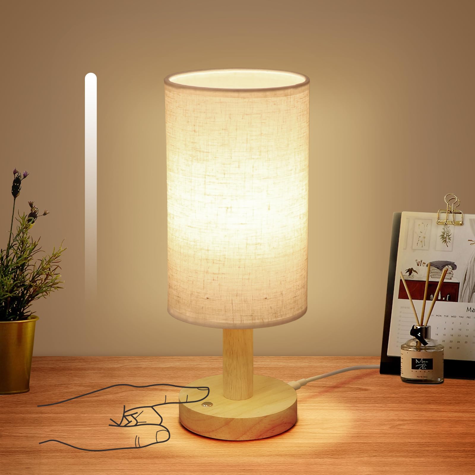Seensiny Small Corded Touch Bedside Table Lamp With Stepless Dimming, Natural Round Wood Base & Linen Fabric Shade, Usb-Powered Cozy Ambient Night Light For Bedroom, Nightstand,Kitchen, Nursery,Camping