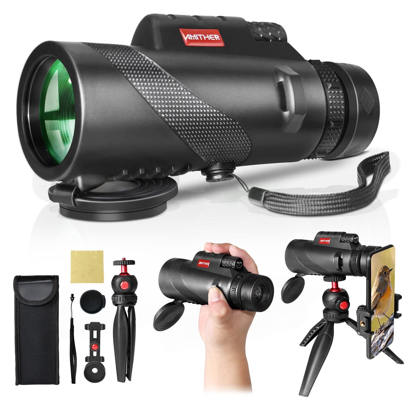 Amither 80X100 Monocular Telescope For Smartphones - High Powered Hd Monocular With Tripod & Adapter, Low Light Vision For Adults - For Wildlife, Bird Watching, Hunting, Hiking