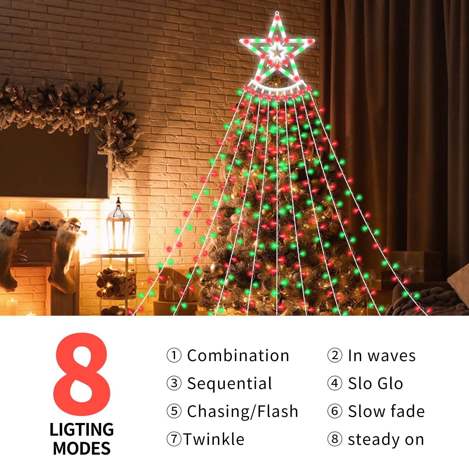 Vtznoj 350 Led Christmas Decorations Star String Lights Waterproof Waterfall Starlights 8 Light Modes Remote & Timer,Waterproof Seasonal Lighting Decor For Home Xmas Tree Yard Wedding Party (Red&Green)