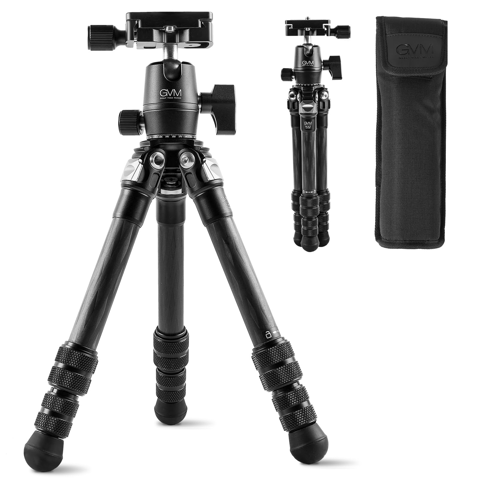 Gvm Great Video Maker Gvm Carbon Fiber Camera Tripod, Tripod For Camera And Phone, Heavy Duty Camera Tripod Stand With 360° Panorama Ball Head Quick Release Plate & Mobile Phone Clip For Max Load 15 Lb