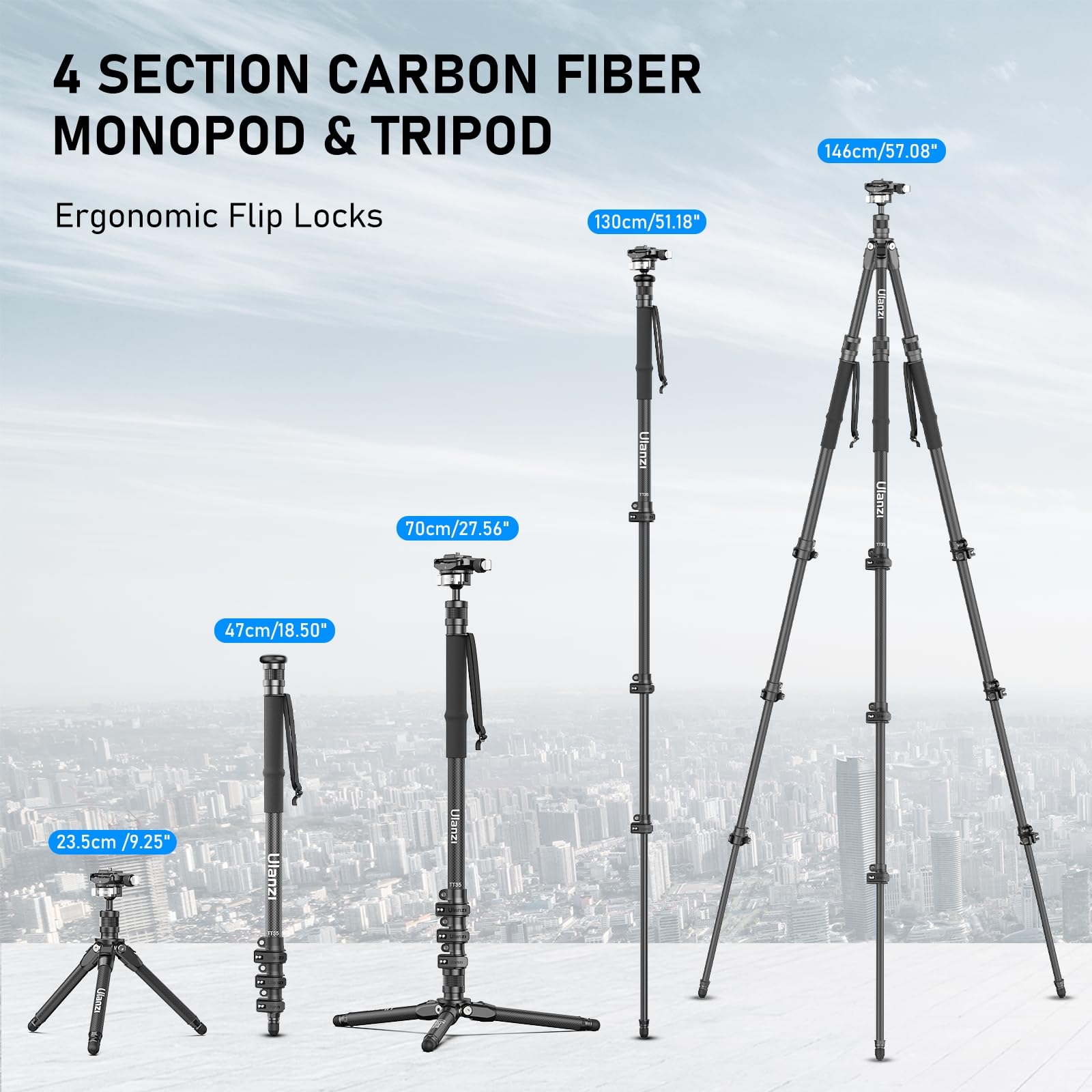 Ulanzi Tt35 Hiking Stick Tripod Kit, Travel Camera Monopod, 57.48" Detachable Carbon Fiber Stand Kit With 3 Hiking Pole & Mini Tripod & Removable Arca Qr For Dslr Camera Camcorder