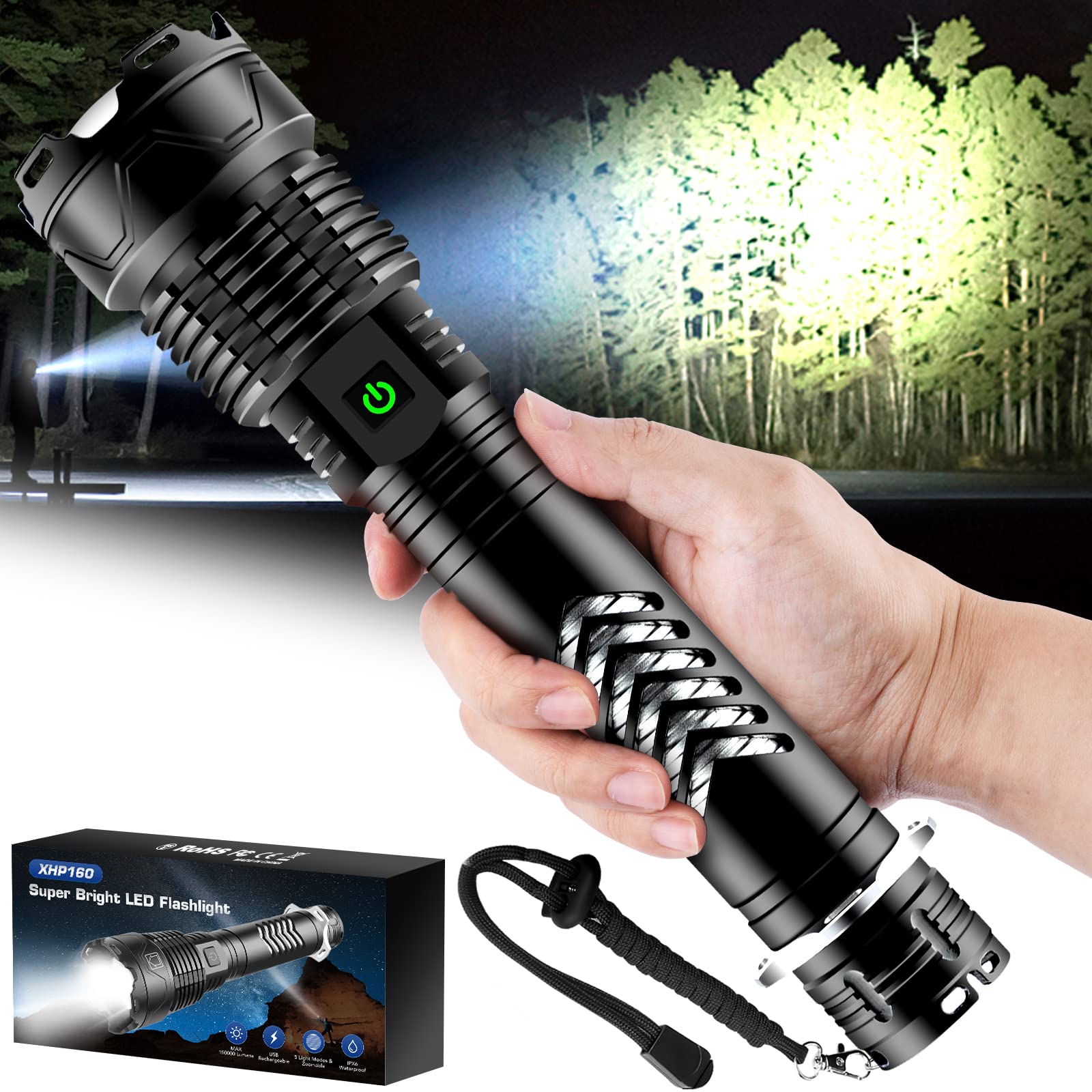 Brovave Rechargeable Led Flashlights,150000 High Lumens Super Bright Flashlight,Xhp160.2 Utility Flashlight With Zoomable&5 Modes&Ipx65 Waterproof,Powerful Handheld Flashlight For Camping,Hiking,Emergencies
