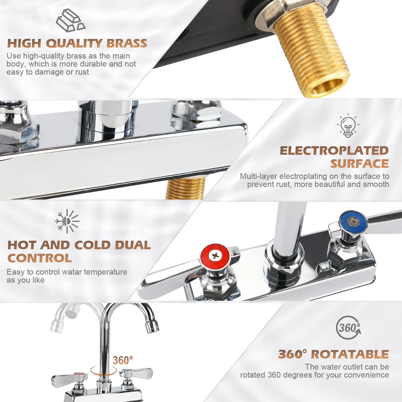 Zkdausdo Commercial Bar Sink Faucet 4 Inch Center Deck Mount, 3-1/2" Gooseneck Swivel Spout Hand Sink Faucet, 2 Hole Brass Constructed & Chrome Polished With Dual Lever Handles