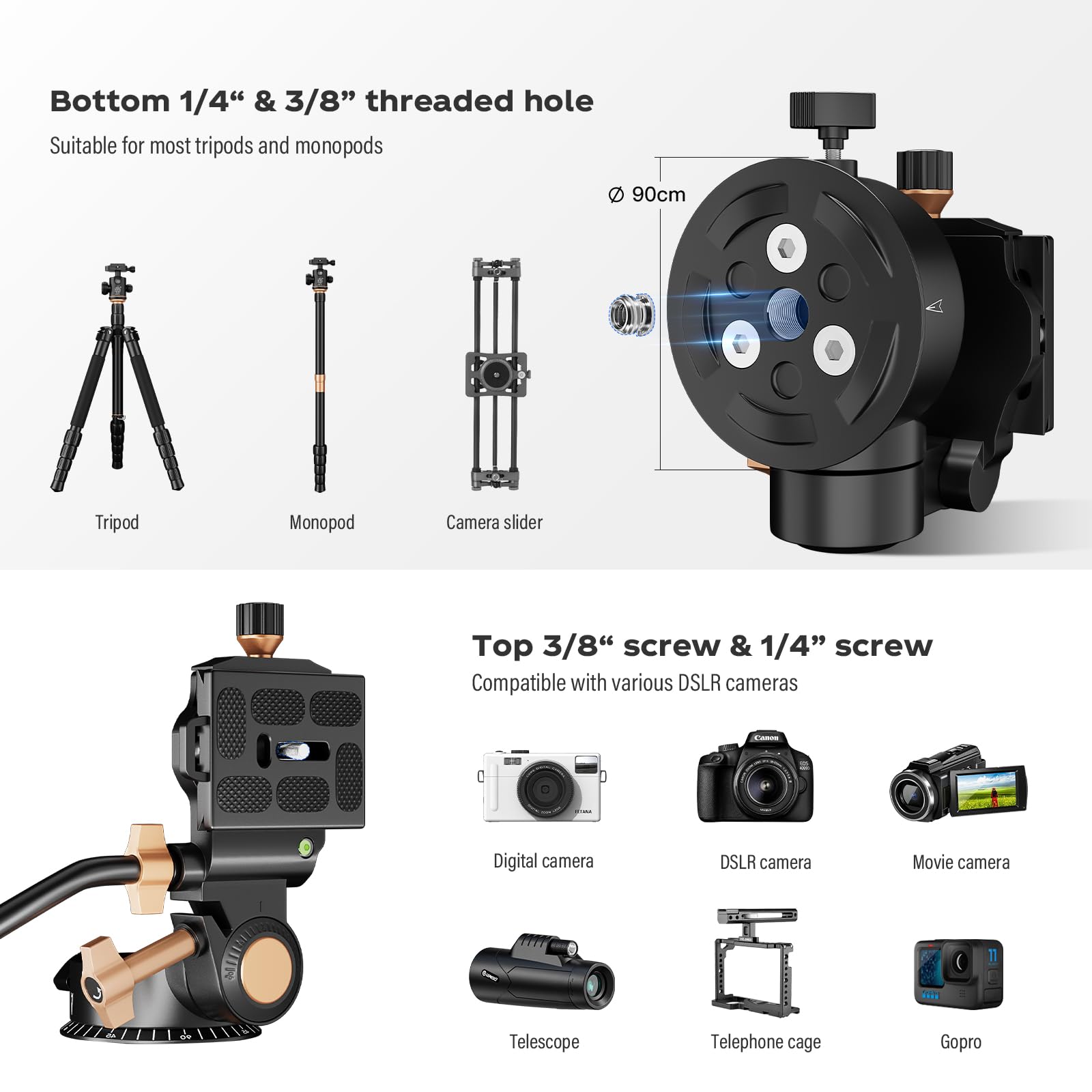 Soonpho Q-08S Heavy Duty Video Camera Tripod Fluid Drag Pan Head With Extended Handle For Dslr Camera,Camcorders,1/4 & 3/8 Inch Screw Sliding Plate 360 Degree Rotating Tripod Head