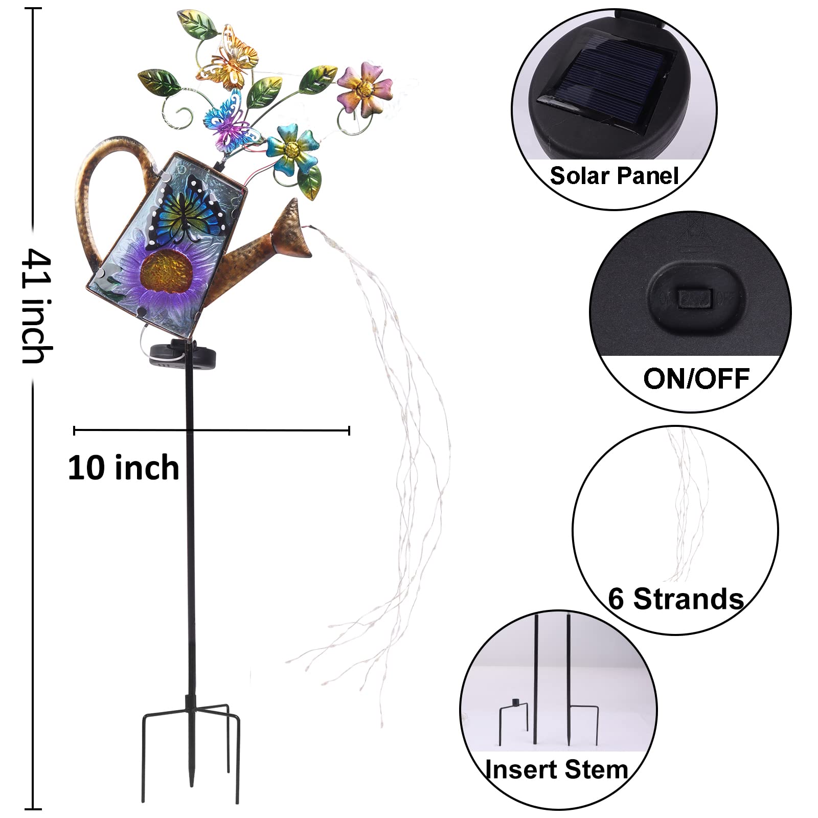 Larekook Solar Outdoor Watering Can Lights-Butterfly Decorative Path Lights, Metal Glass Solar Powered Garden Waterfall Decor Ornament For Yard Lighting Outside