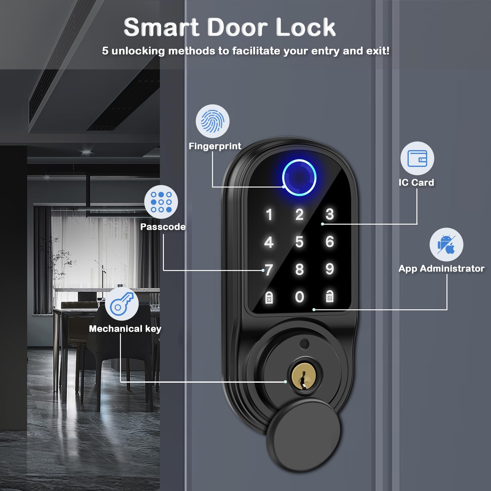 Ailuce Keyless Entry Fingerprint Smart Biometric Deadbolt, Electronic Touchscreen Door Lock With Keypad, Digital Lock For Front Door, Bedroom, Office, Apartment