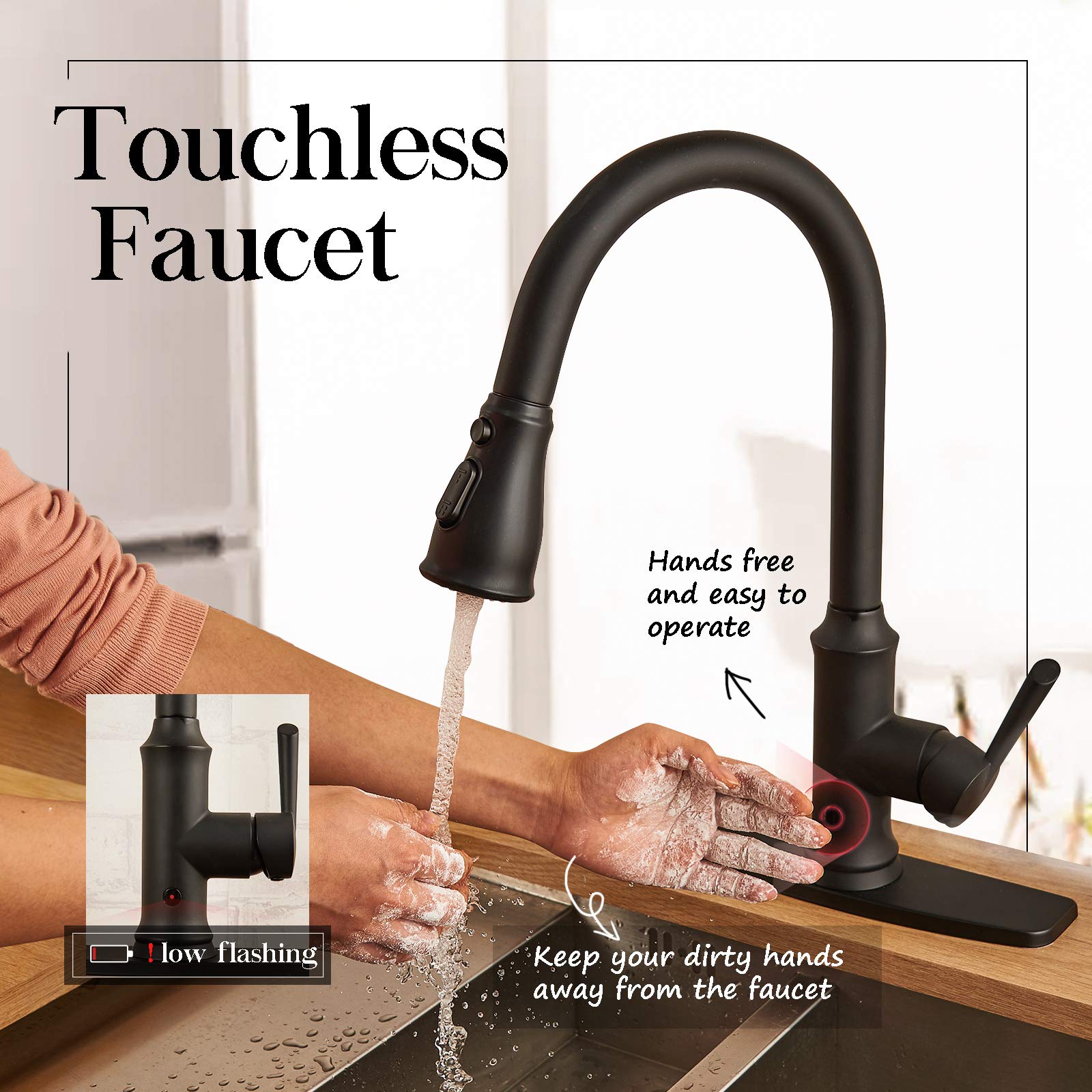 Peppermint Matt Black Touchless Kitchen Faucet With Pull Down Sprayer Single Lever Touchless Motion Sensor Faucet For Kitchen Sink Black Pull Out Kitchen Sink Faucets