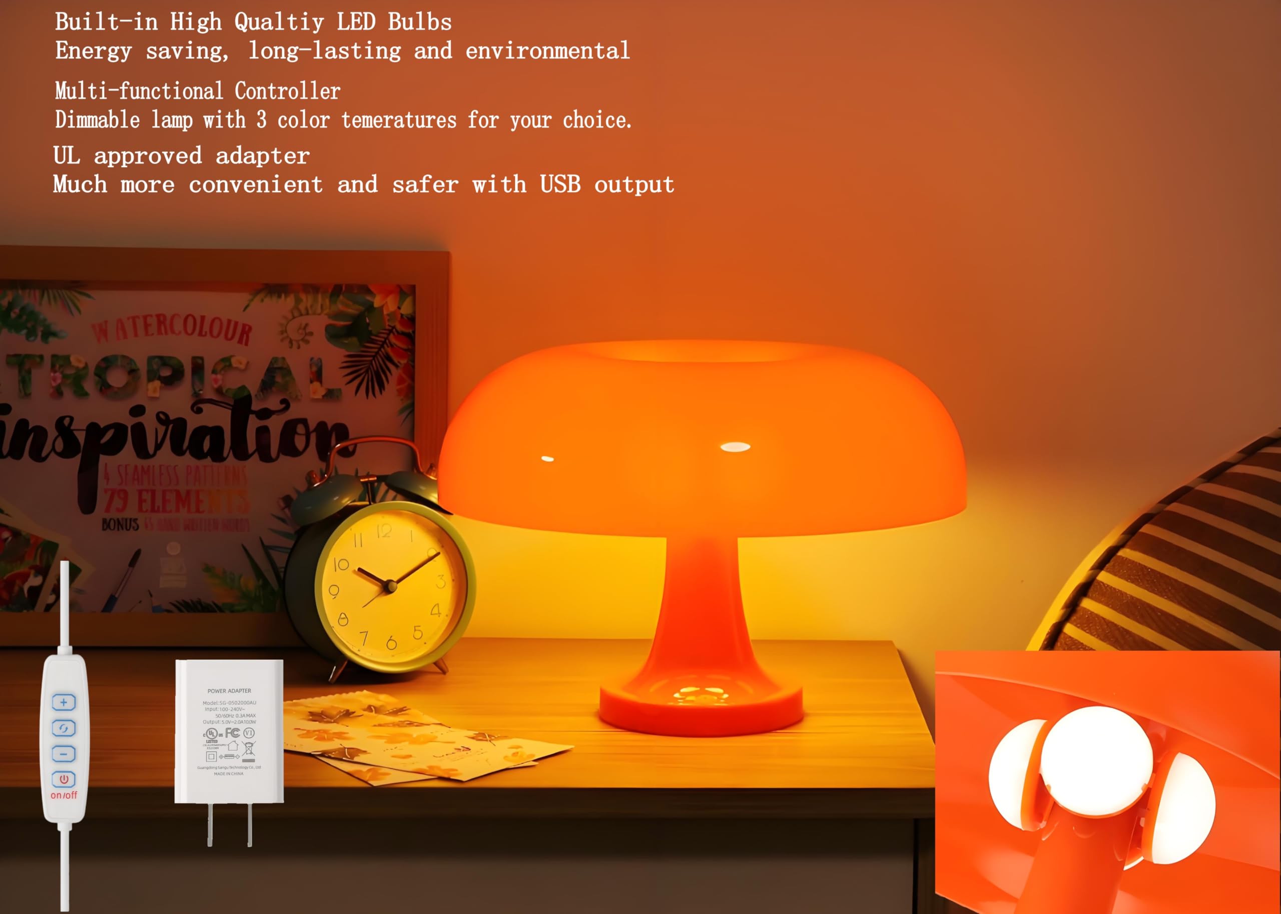 Joanajo Orange Mushroom Lamp Dimmable Mushroom Table Lamp With 3 Lighting Modes Plug Donut 70S Retro Mid Century Lamp For Room Aesthetic Modern Lighting For Bedroom Living Room Home Decor &