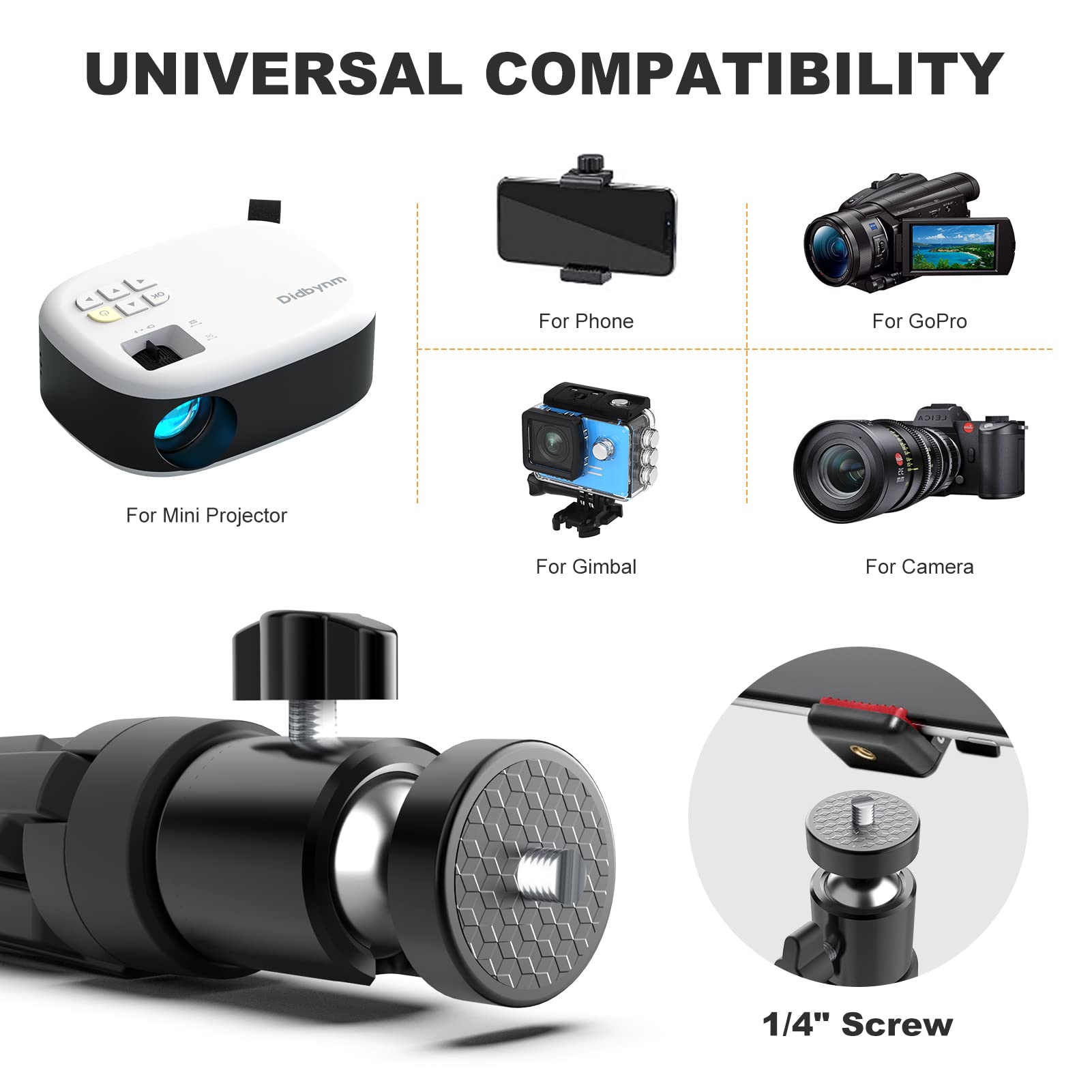 Didbynm Mini Projector Tripod, 6.3 Inch Compact Desktop Tripod Stand [Universal 1/4 Screw] [Ballhead] Pocket Tripods Stand For Mini Projector/Cameras Smooth 4, Osmo Mobile, Vimble 2