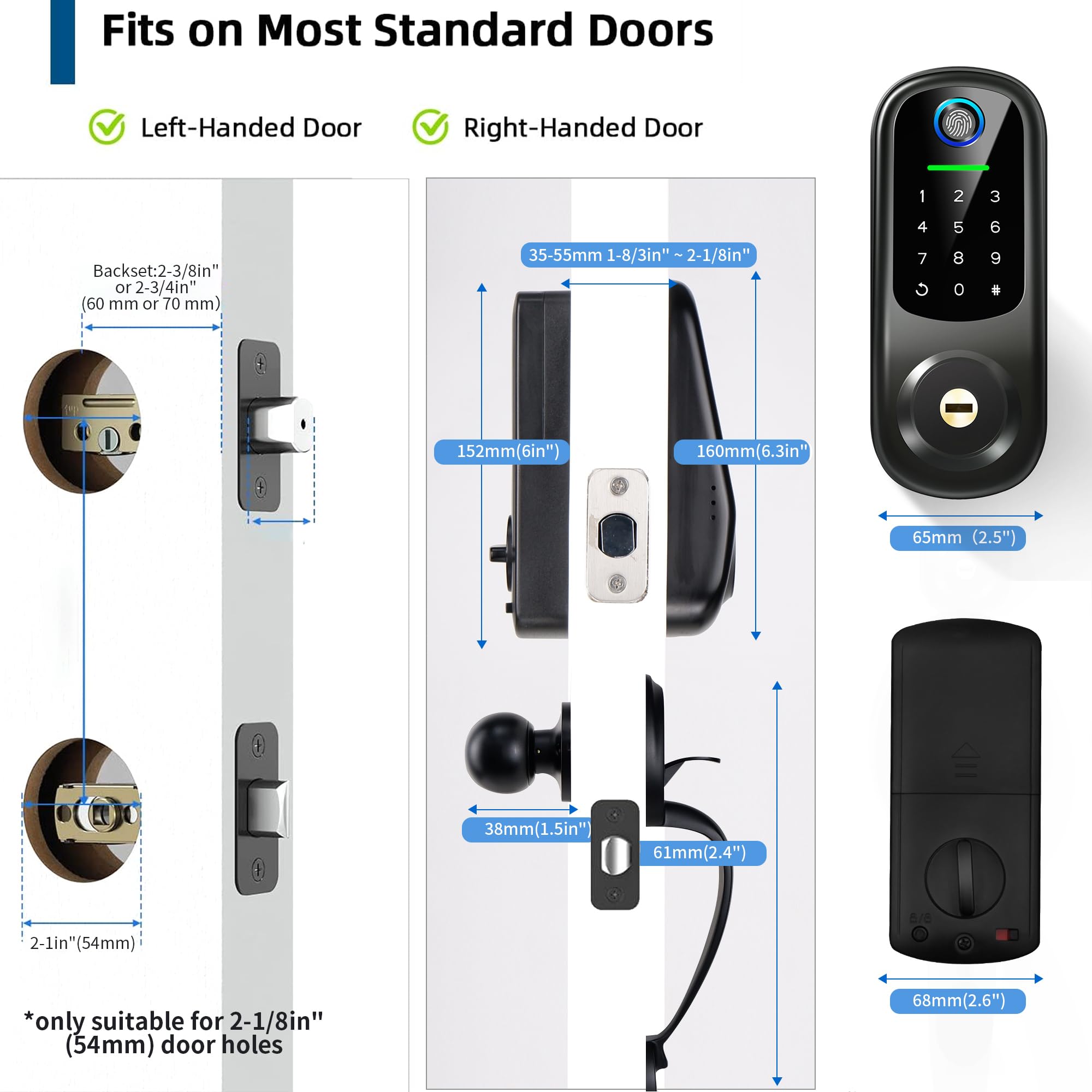 Yosimika Keyless Entry Door Lock With Handle, Fingerprint Deadbolt Door Lock, Smart Door Locks For Front Door, Bluetooth Electronic Digital Keypad Lock, Easy To Install, Black