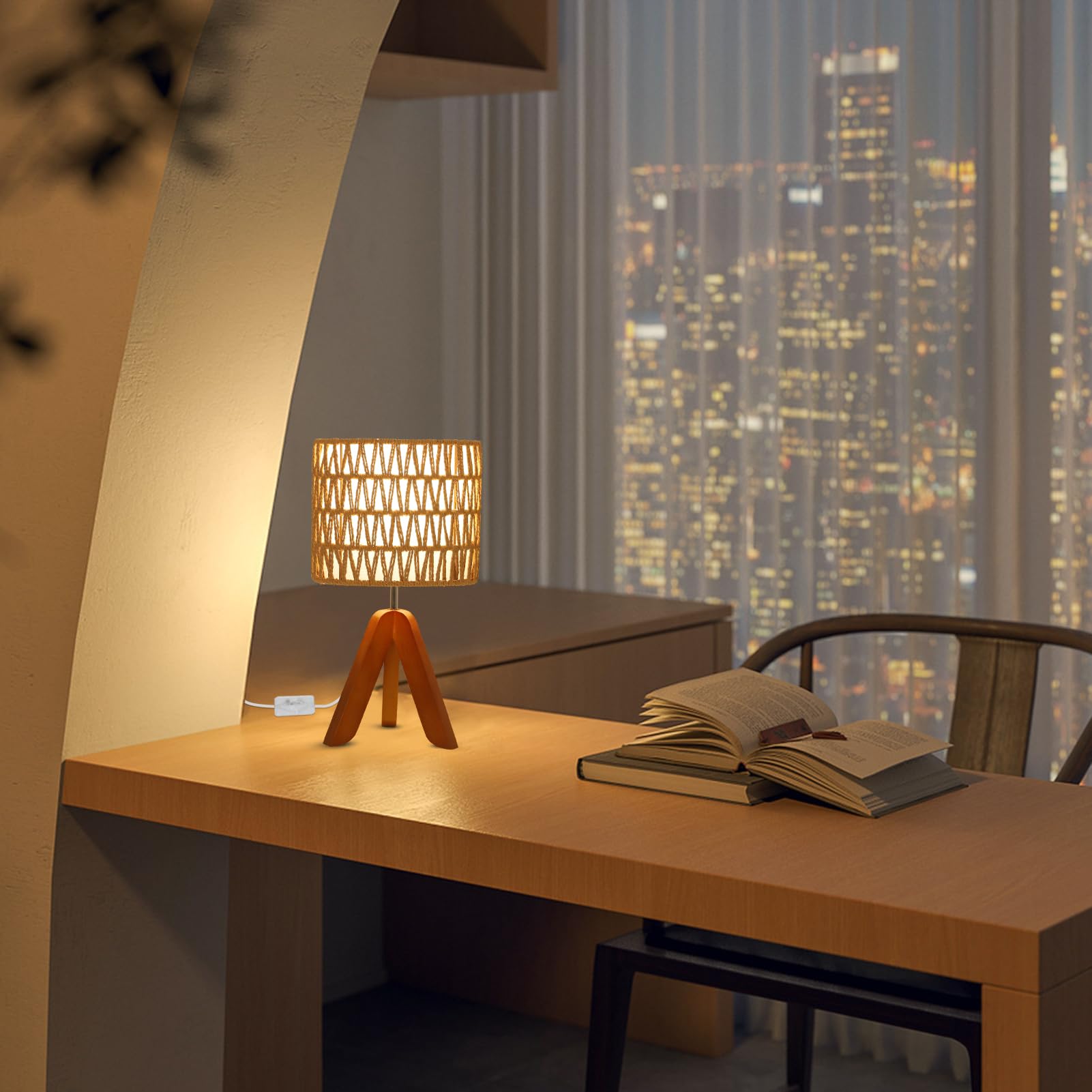 Eayaya Tripod Table Lamp With Bulb, Small Boho Desk Lamp For Bedroom With Rattan Fabric Lampshade, Cute Bedside Lamp For Night Stand, Mini Side Table Lamp For Living Room, Rattan Nightstand Lamp, Tripod Lamp