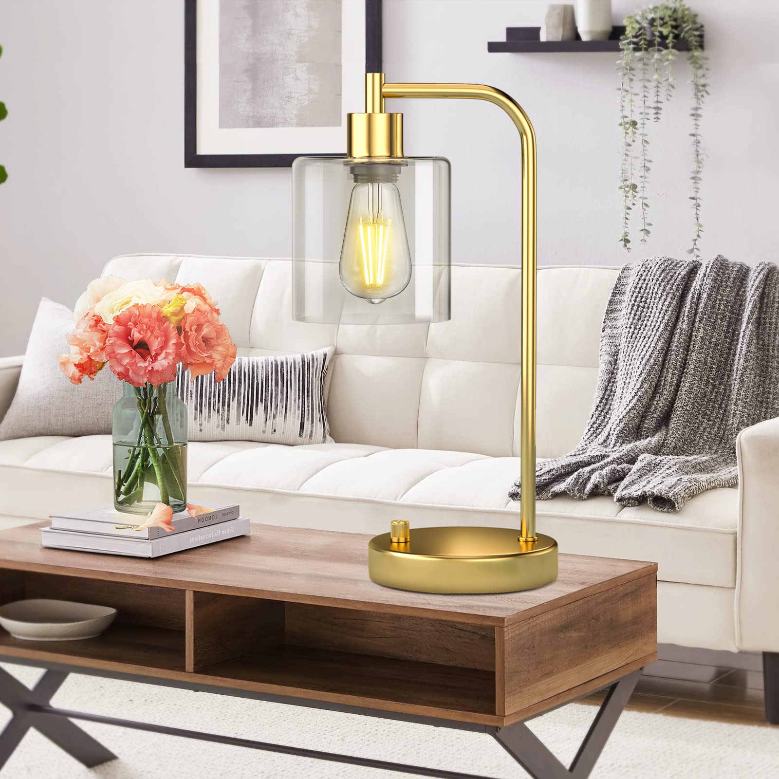 Cnxin 16.5" Gold Industrial Table Lamps For Bedrooms With 2 Usb Ports, Fully Stepless Dimmable Modern Nightstand Lamps Set 2, Small Lamps For Living Room Side Table, Bulbs Included