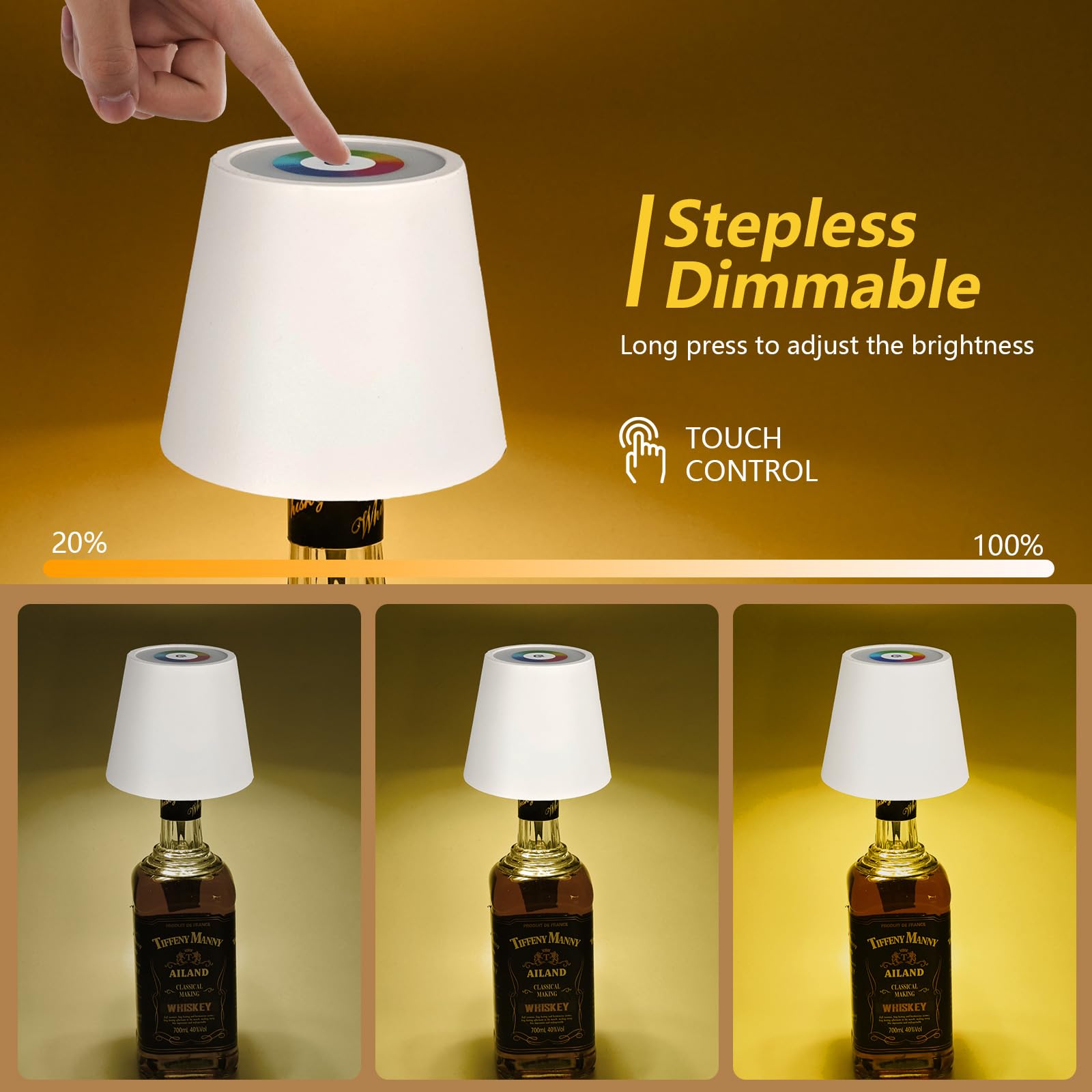 S Sunsbell Wireless Bottle Lamp, Embedded Bottle Light With Rgbw Color Ring, Stepless Dimming Led Bottle Table Lamps, Usb Rechargeable Touch Wine Bottle Lamp For Bars Restaurants Bedroom (White)