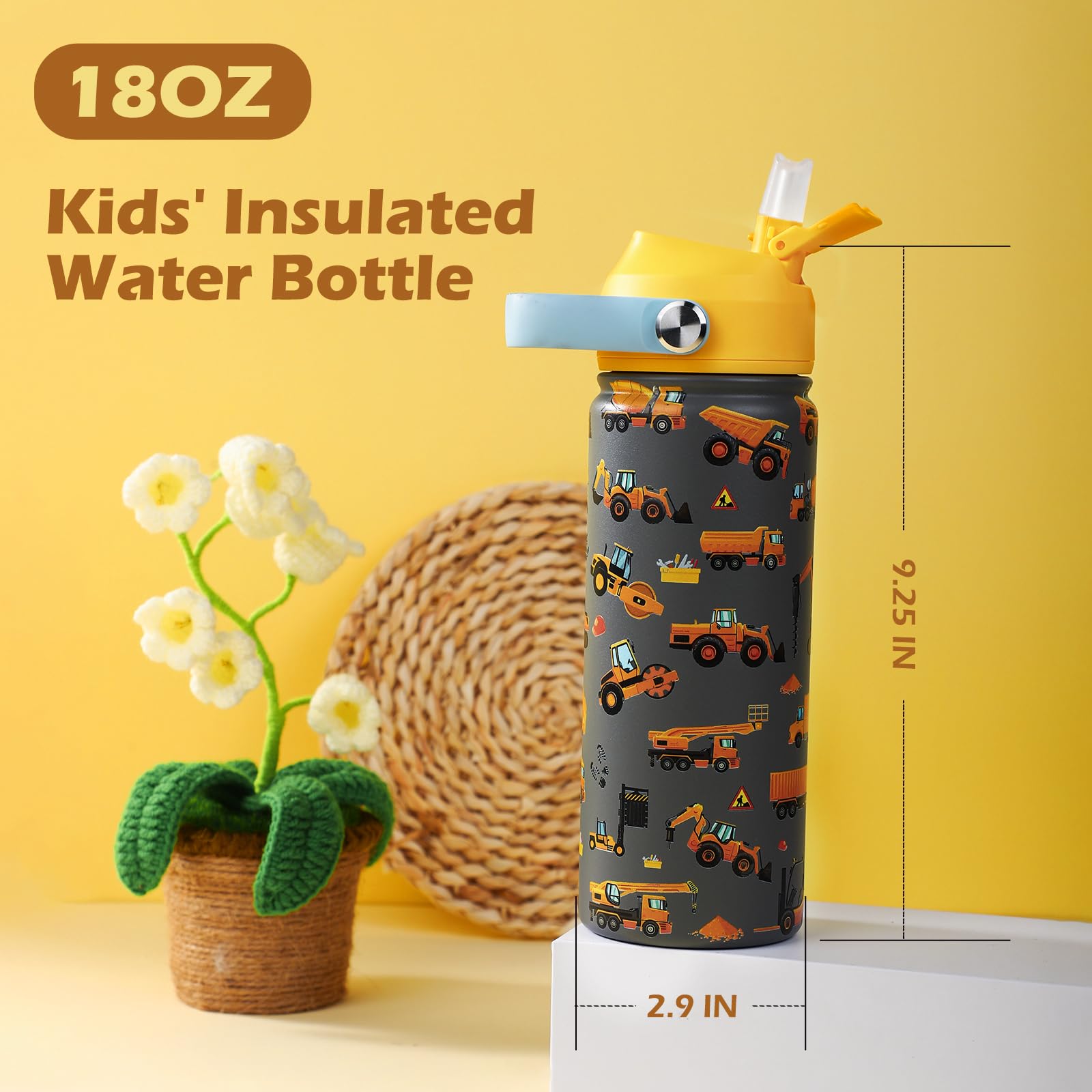 Kids Insulated Water Bottle With Straw 18Oz - 18/8 Stainless Steel Toddler Water Bottle For School