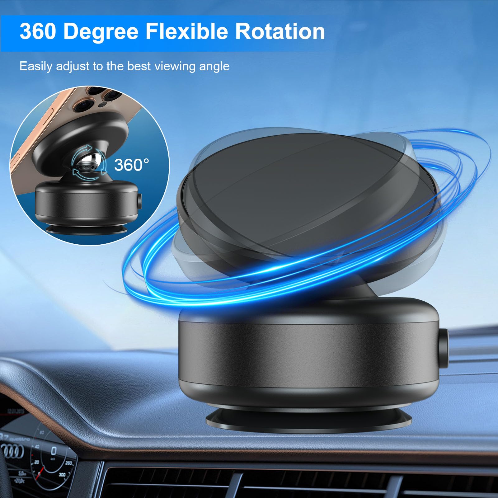 Joyye 360 Rotatable Car Magnetic Phone Holder, Phone Mount With Electric Vacuum Suction Cup For Dashboard Smooth Surfaces, Compatible With Magsafe Iphone16/15/14/13/12, Black