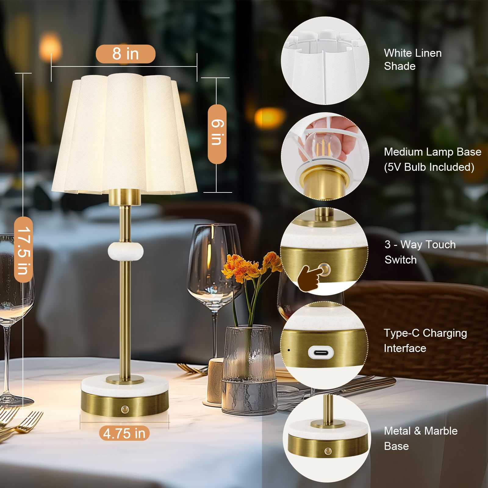 Kivditzo Portable Cordless Linen Shade Table Lamp With Touch Dimmer,4400Mah Rechargeable Battery Powered Lighting,3-Level Brightness,Marble Table Lamp,Bedside Night Lamp,Rechargeable Lamp(Bulb Included)