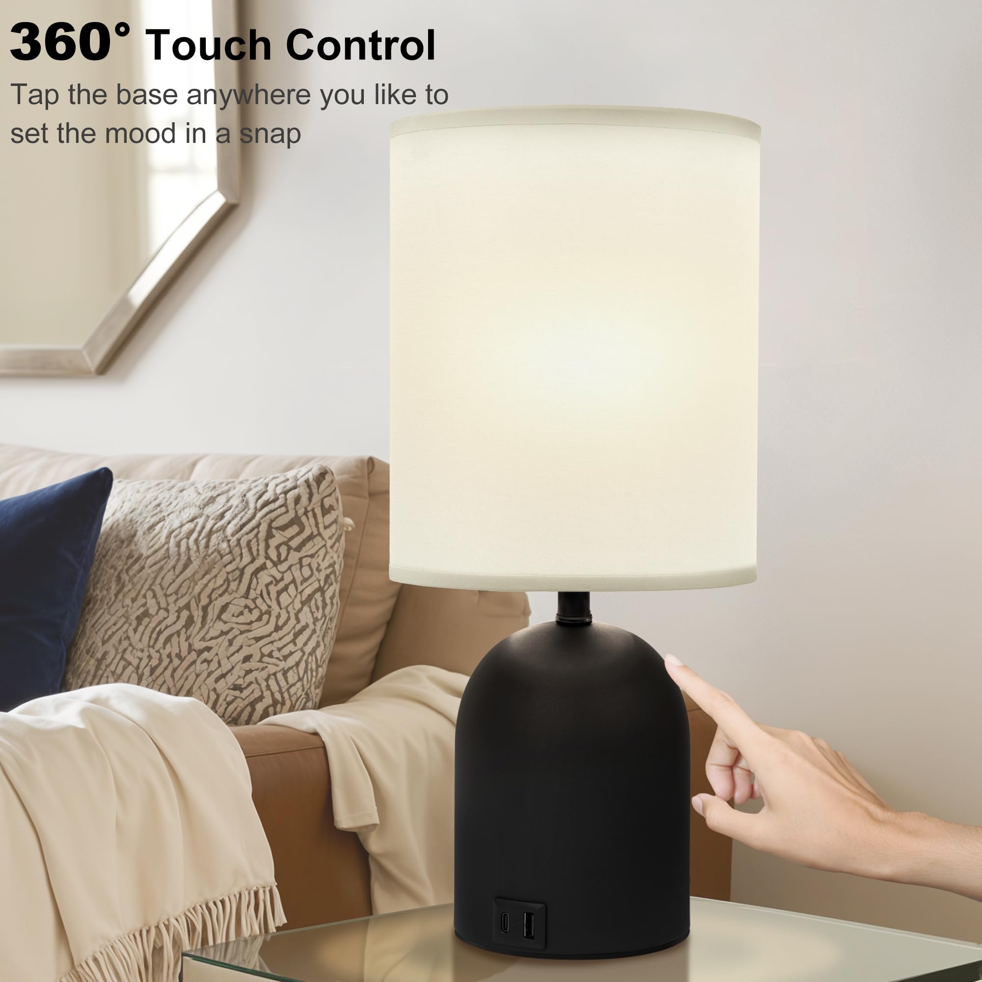 Fttoyoly Bedside Black Table Lamps Set Of 2 For Bedroom, 3 Way Dimmable Touch Nightstand Lamp With Usb C And A Ports Small Table Desk Lamp For Bedroom, Reading Room, Office, Dorm Black/White