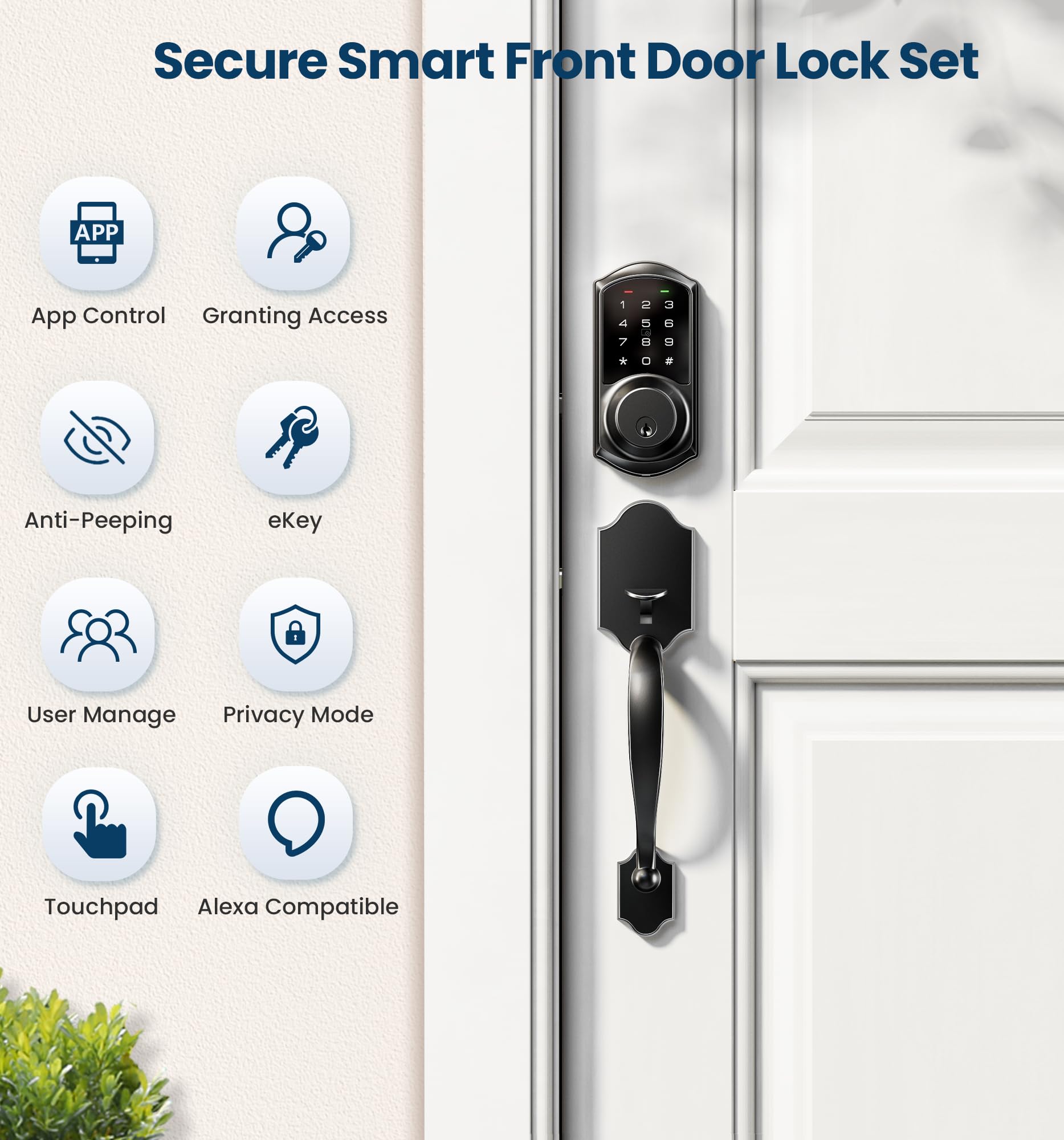 Veise Ve06-H Smart Front Door Lock Set, App Control, Keyless Entry Deadbolt With Lever Handle, Electronic Digital Touchscreen Keypad, Auto Lock, Easy Install, Matte Black