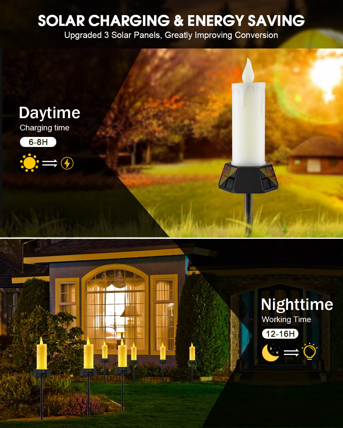 Gileolant Solar Lights Outdoor Waterproof, Electric Led Flameless Candles With 3 Solar Panels, Solar Pathway Lights For Garden Yard Home Outdoor Party Camping Decorations, 4 Pack