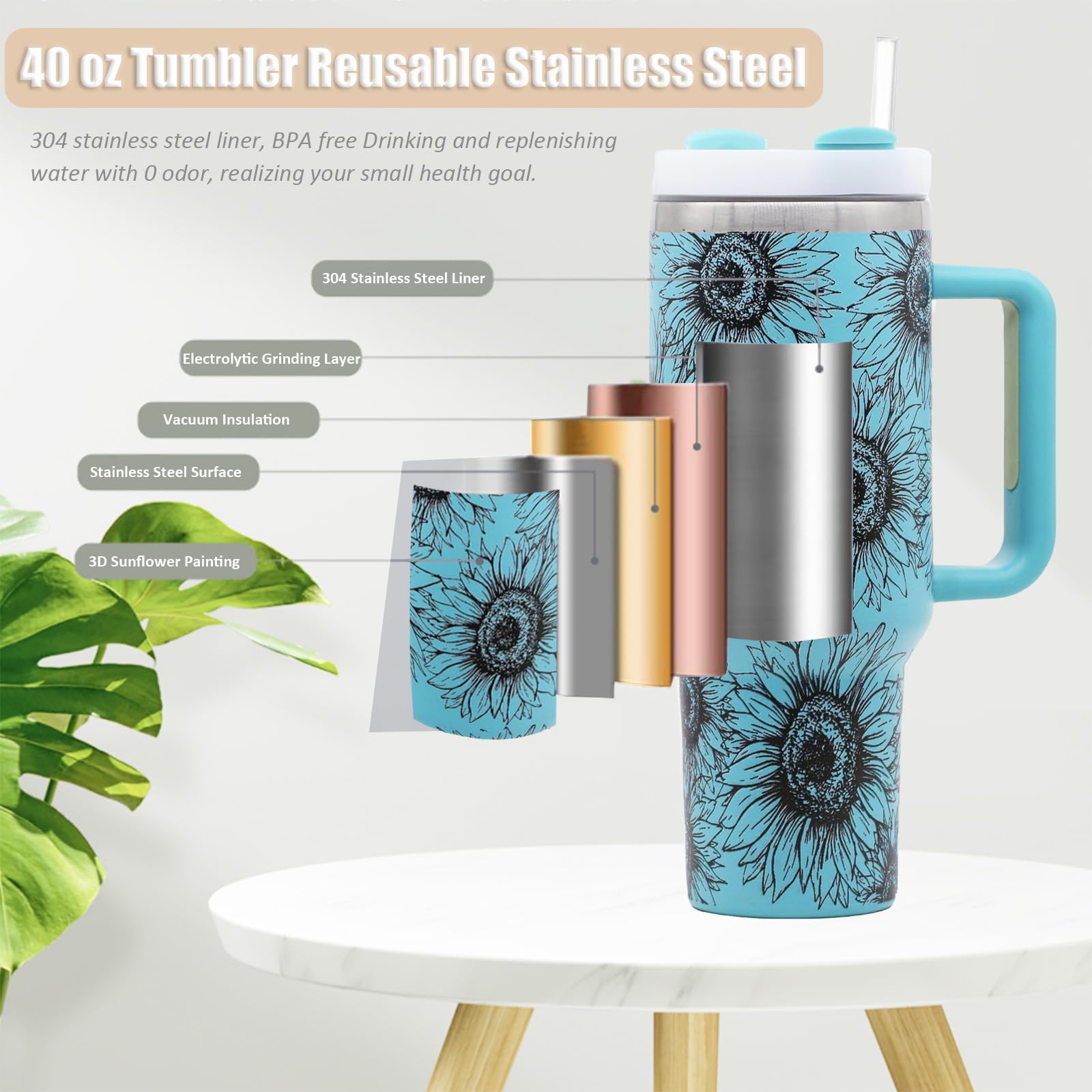 40 Oz Tumbler With Handle And Straw Lid, Stainless Steel Double Wall Vacuum Insulated Leak Proof