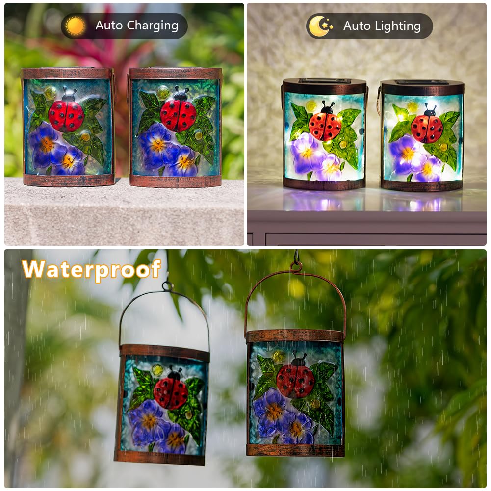 Starsoul 2 Pack Hanging Solar Lantern Outdoor Waterproof Glass Ladybug And Flowers Decorative Solar Lights For Outside Garden Yard Table Patio Decor