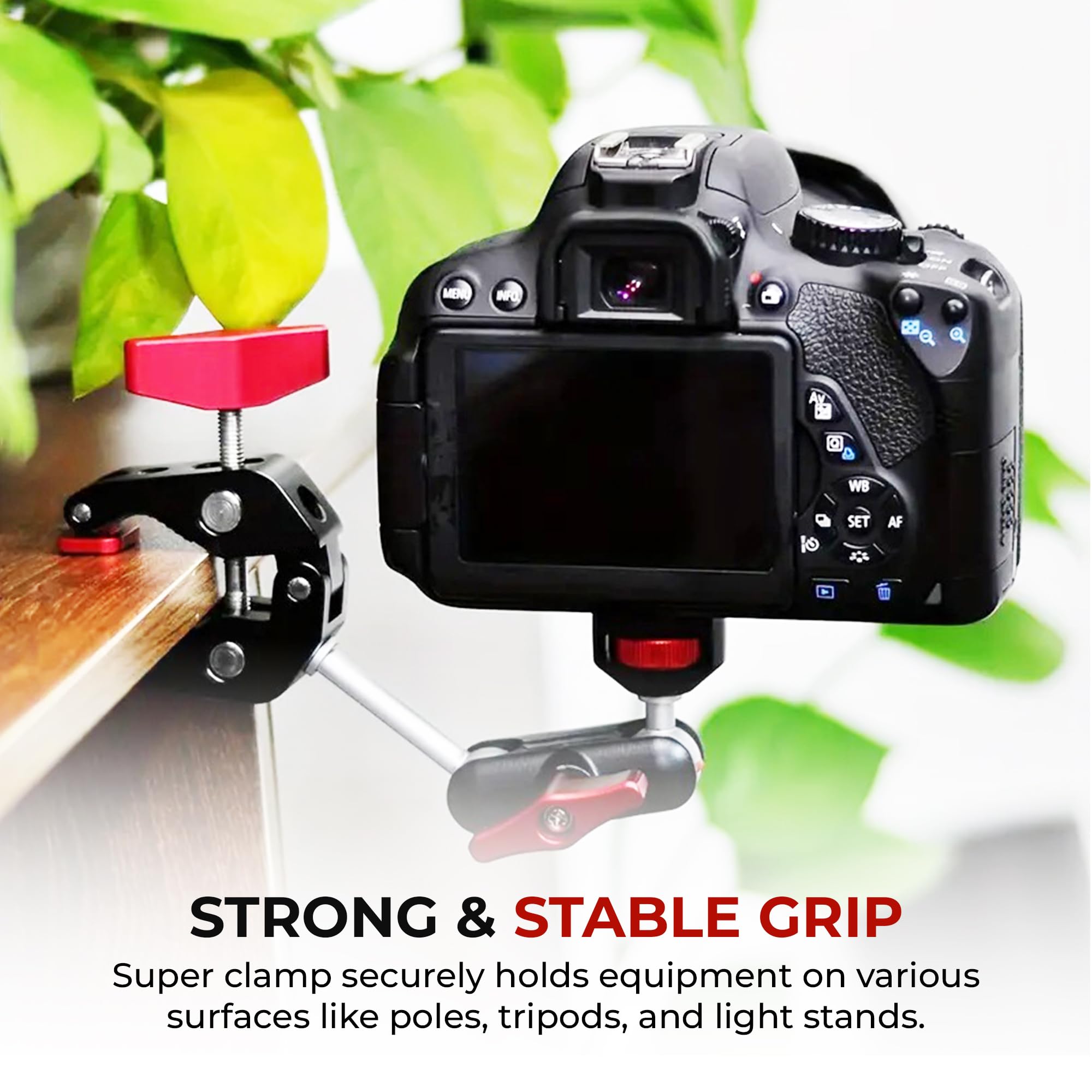 Reflex Camera Super Clamp & Magic Arm Mount With Double Ball Head – 2Kg Load Capacity, 1/4” & 3/8” Screw, Adjustable For Monitors, Led Lights, Mics, Smartphone, Gopro - Flexible & Durable