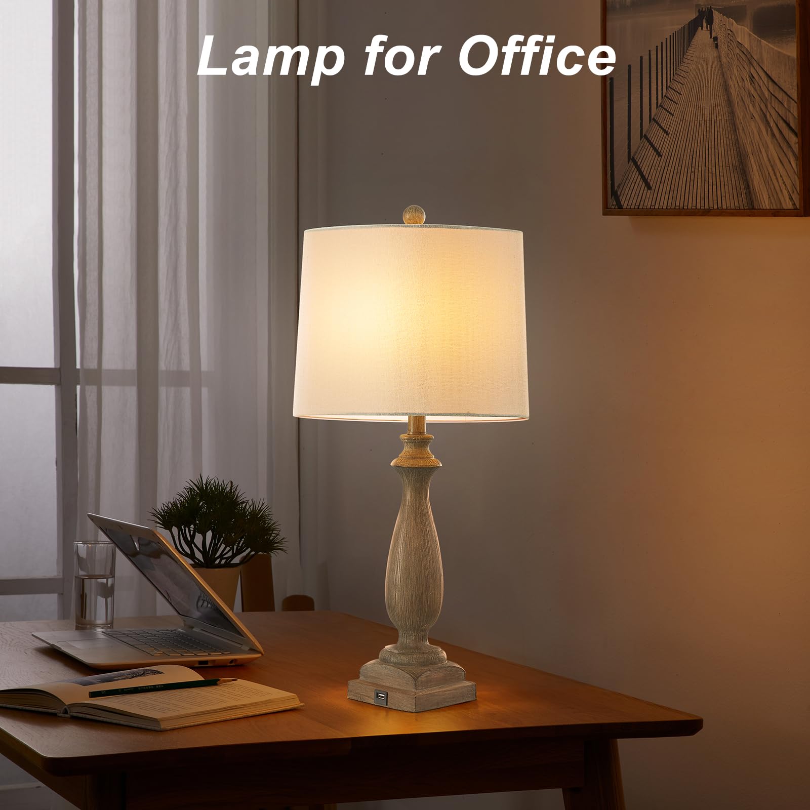 Hightry Rustic Bedside Lamps Set Of 2, 26.6" Table Lamp With Usb Port, 3 Way Dimmable Farmhouse Nightstand Resin Lamp For Bedroom Living Room Office