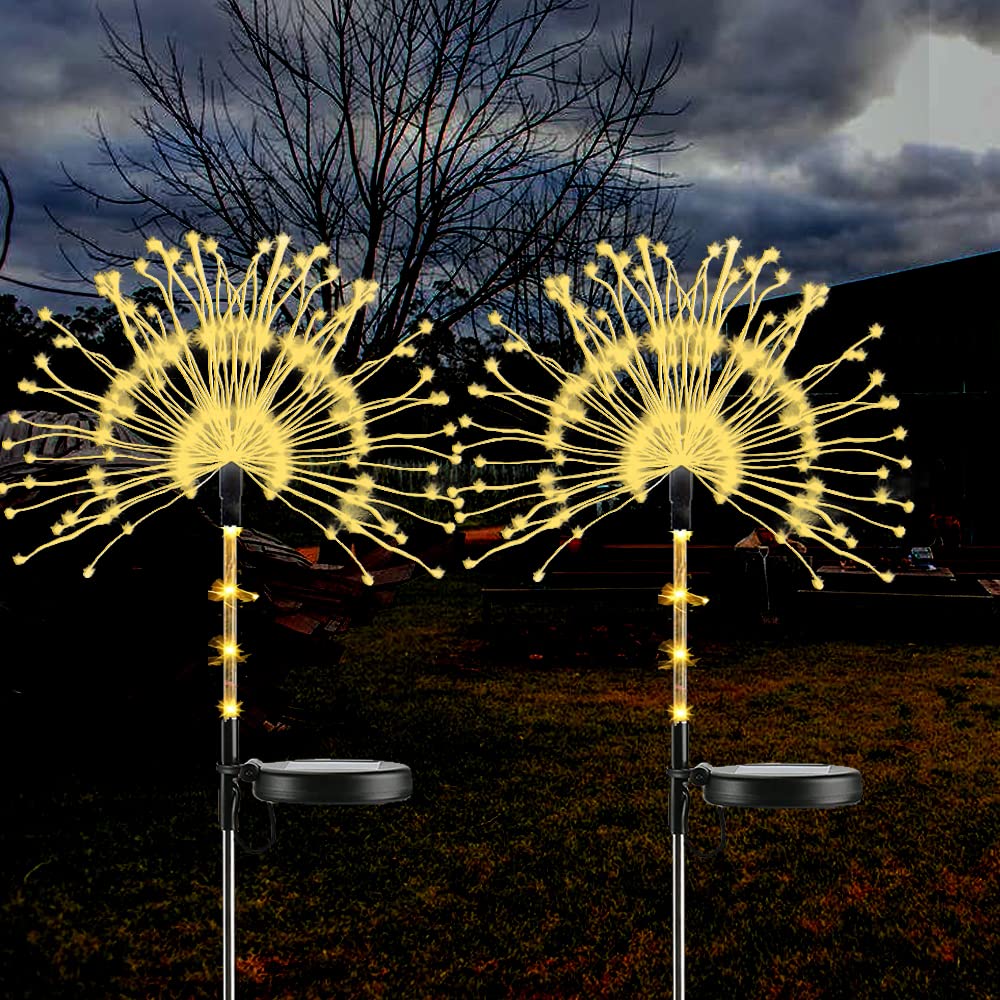 Xvz Solar Garden Light, 2 Pack  120 Led Solar Powered Firework Light,2 Modes And Waterproof Diy Outdoor Decoration Light For Walkway Pathway Backyard Christmas Party Decor（Warm White）