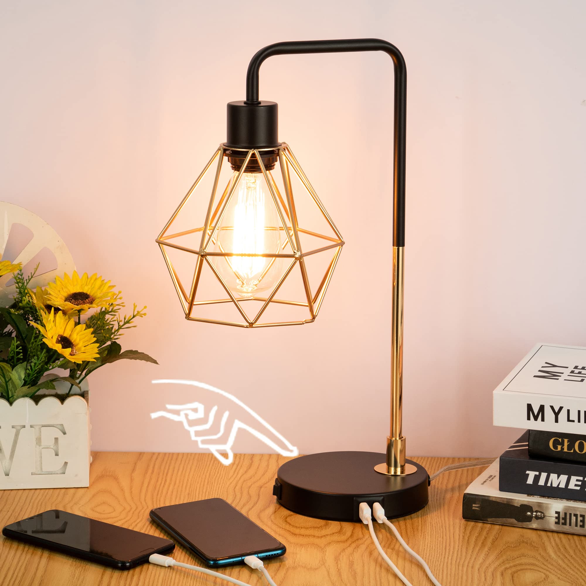 Cotulin Touch Control Black Gold Table Lamp,Modern Industrial Desk Lamp With 2 Usb Charging Ports,3-Way Dimmable Bedside Nightstand Vintage Metal Cage Reading Lamp For Bedroom Living Room Office Study
