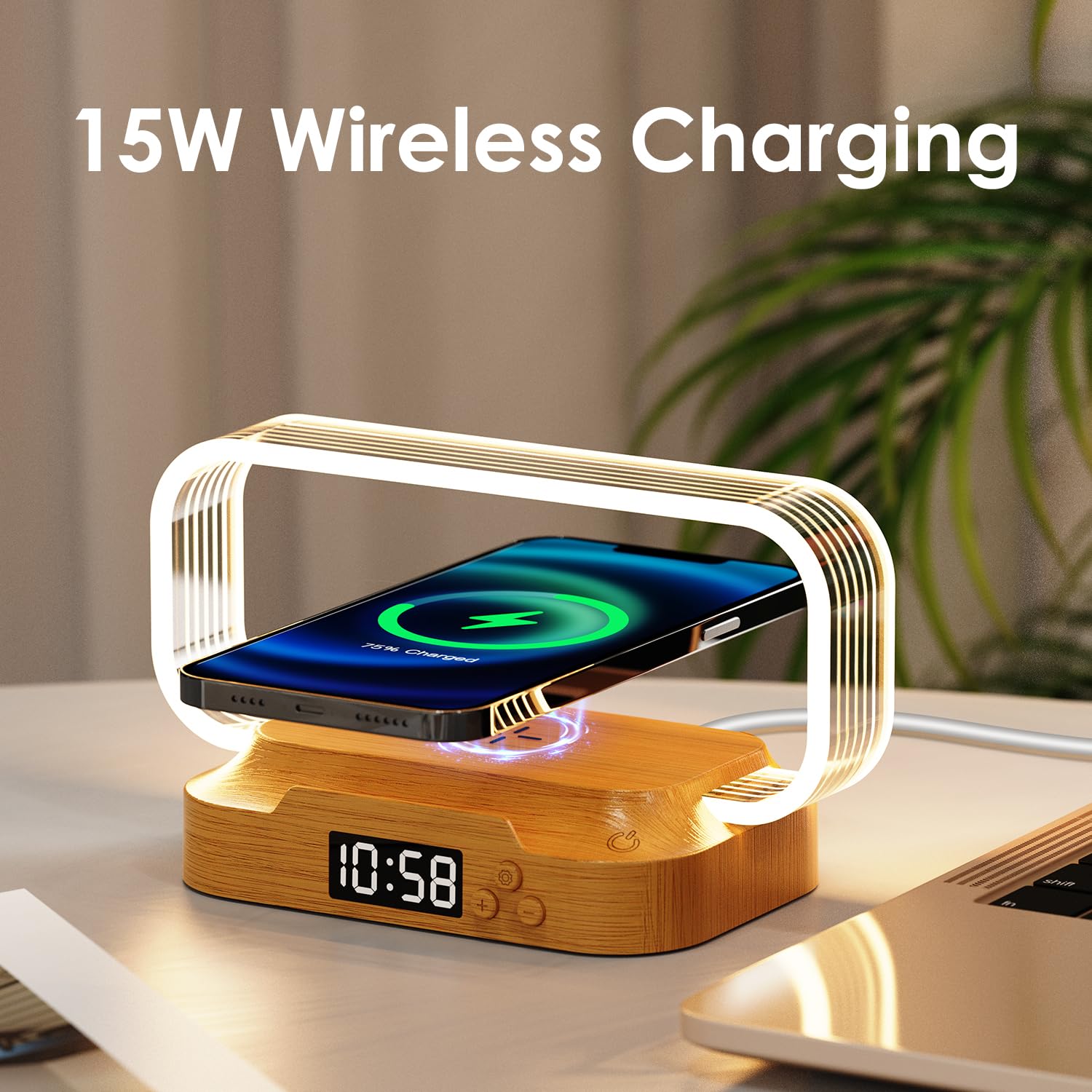 Donewin Small Nightstand Lamp With Wireless Charger,Cute Bedside Lamp With Clock,Small Table Lamp For Bedroom,Mini Night Light For Bedroom,Tiny Light As ,Stepless Dimmable,3 Color Modes
