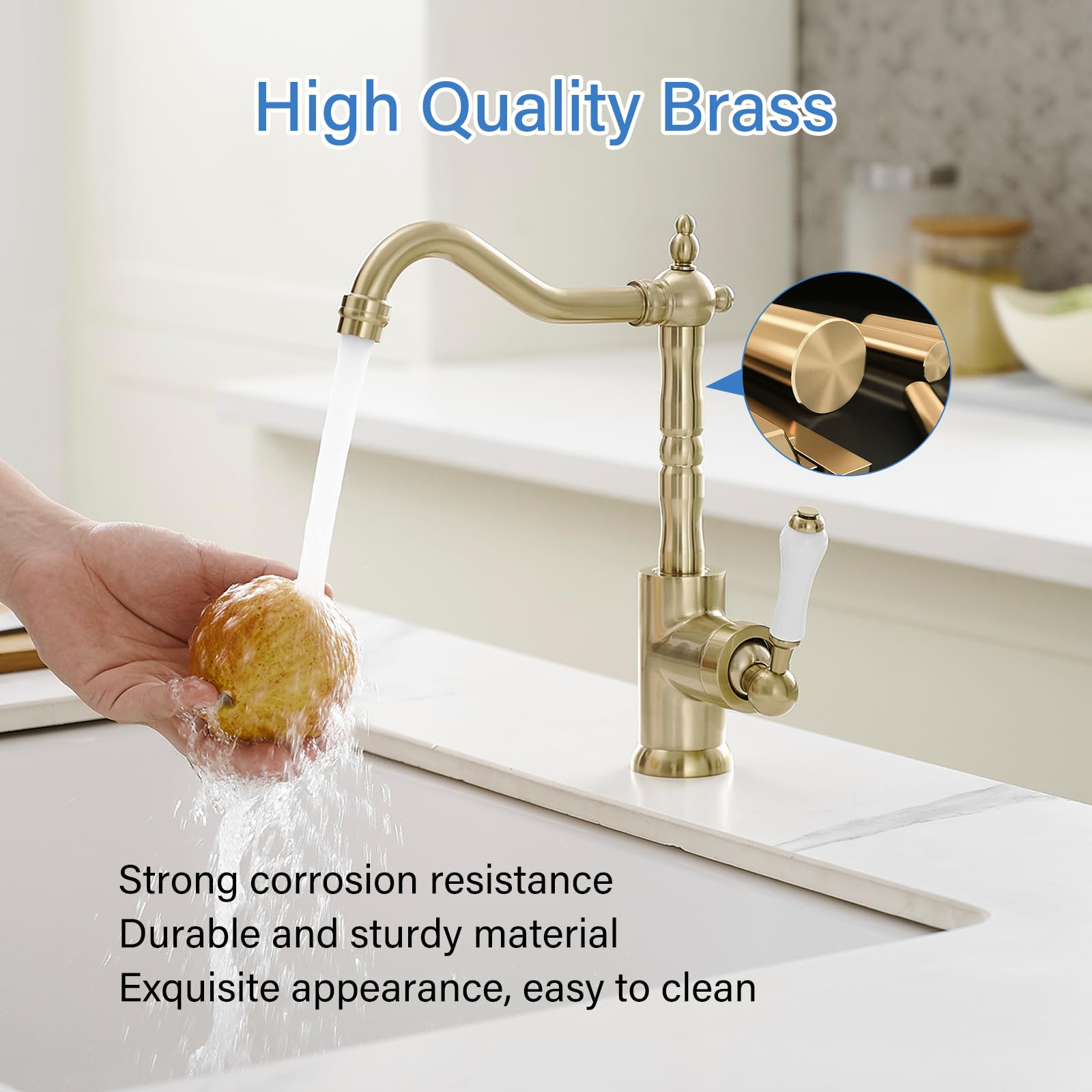 Bwe Brushed Gold Kitchen Sink Faucet Single Handle Bar Faucet For Kitchen Sink With 360° Swivel Spout High Arc Single Hole Wet Bar Faucet Mixer Tap Farmhouse