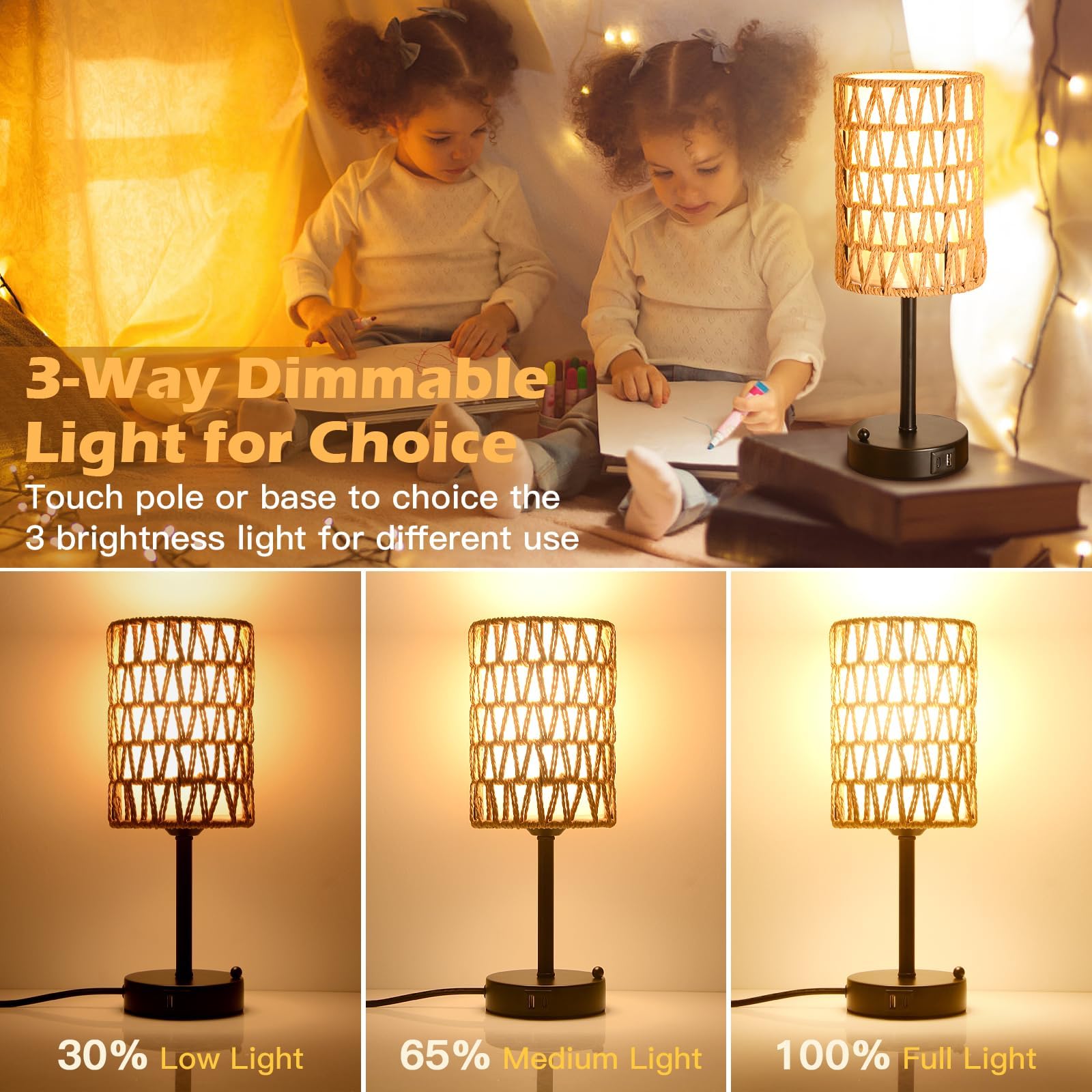 Plomixius Rattan Table Lamps For Living Room, 3 Way Dimmable Touch Lamps, Small Bedside Lamps With Led Bulbs, Phone Stand, Usb Ports And Ac Outlet, Boho Nightstand Lamp For Kids Room, Bedroom, Office (2 Pack)