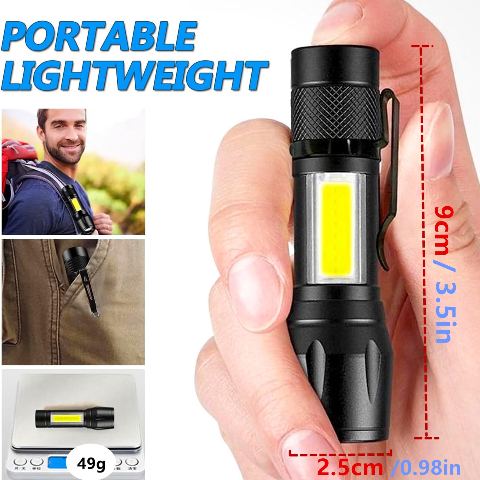 Shineunique Mini Flashlight High Lumens Rechargeable, Small Flashlights 3 Modes, Pocket Flashlight With Clip,Zoomable, Waterproof, Adjustable Brightness Flash,Camping, Hiking,Emergency (Mini A)