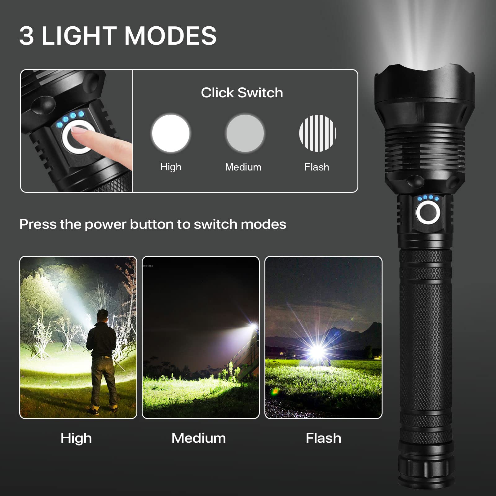 Cinlinso Rechargeable Led Flashlights, High Lumens Super Bright Flashlight, 5 + 7 Modes, Zoomable, Ipx6 Waterproof, Powerful Handheld Flashlights For Emergencies, Camping, Hiking