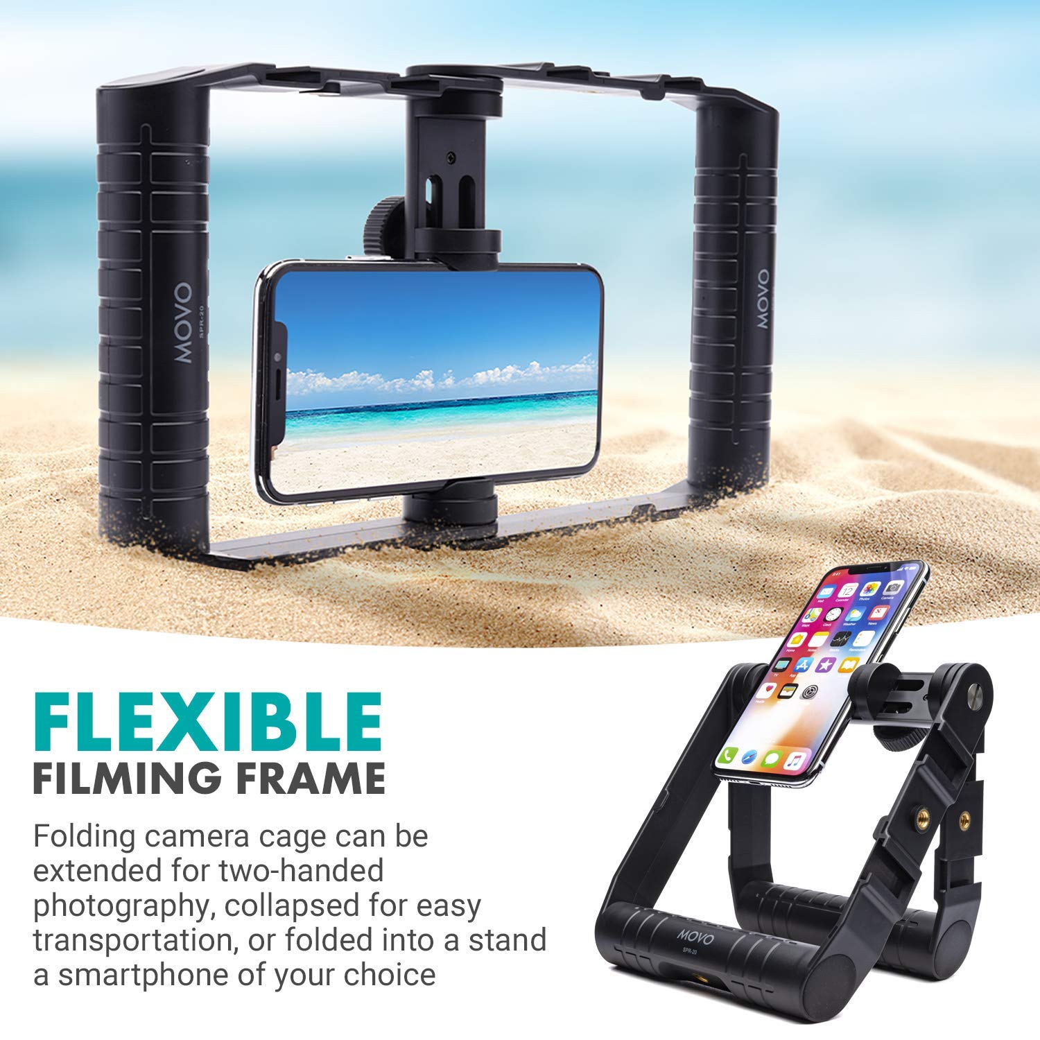 Movo Spr-20 Foldable Smartphone Video Rig Cage With Cold Shoe Mounts For Microphone Or Led Light - Vlogging Mount Compatible With Iphone, Android - Smartphone Video Stabilizer Grip - Filming Equipment