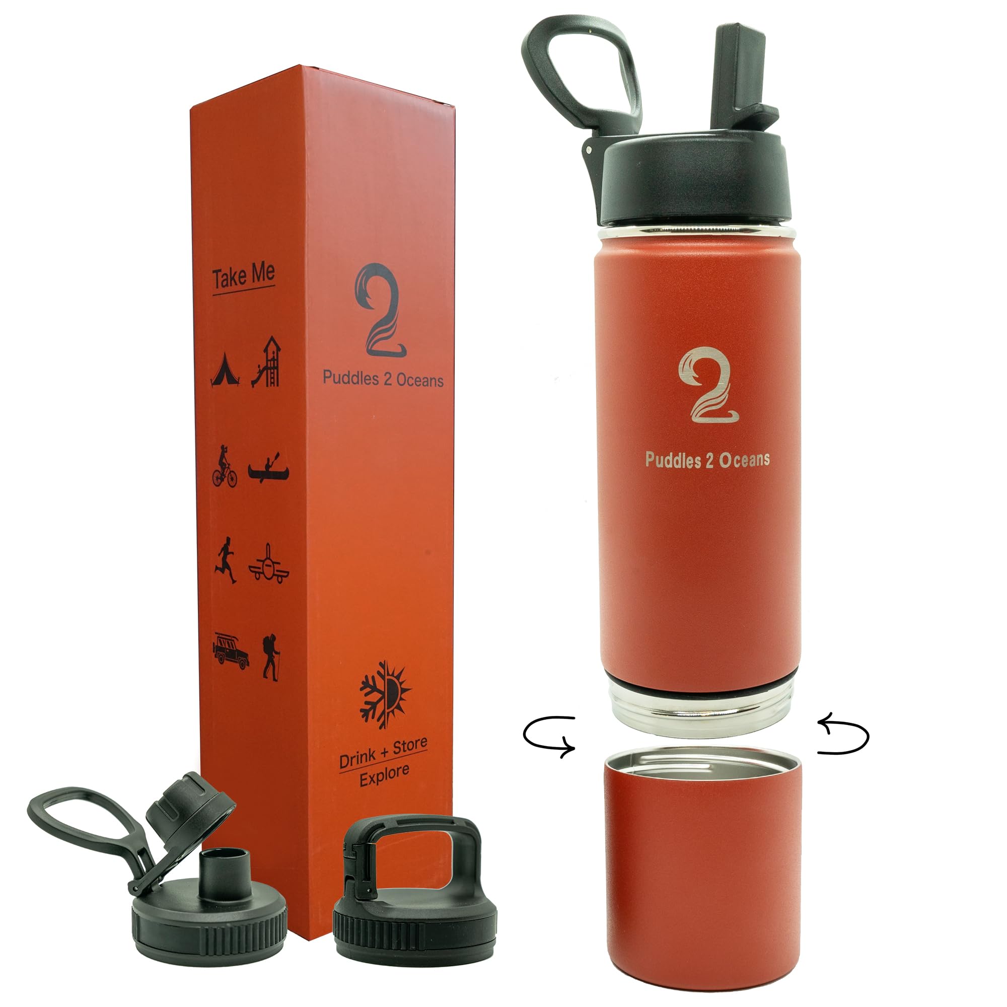 Insulated Water Bottle & Snack Container - Stainless Steel Water Bottle, 3 Lid Types