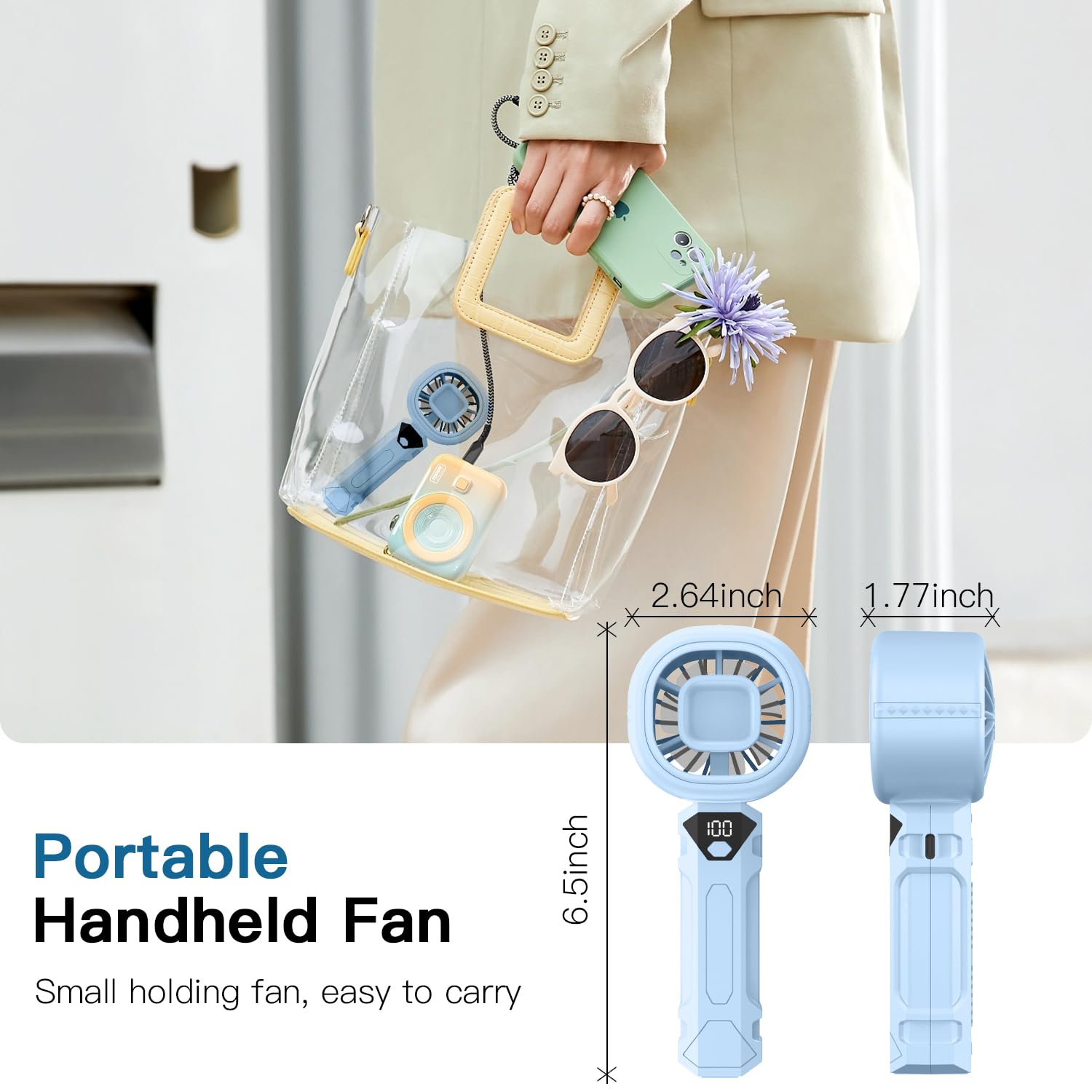 Portable Handheld Fan, Mini Personal Fans With Digital Display, 3 Wind Speeds, 3000Mah Battery Usb