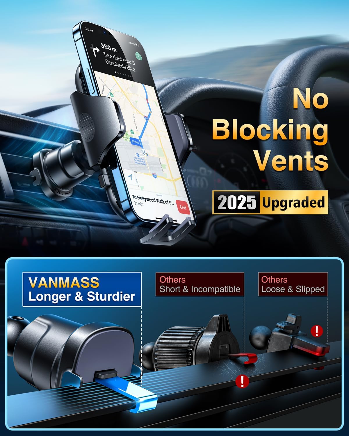 Vanmass [ True Military-Grade] Car Phone Holder [ Strongest Suction & Clip] Cell Phone Mount For Dashboard Windshield Vent,Truck Cradle Stand For Iphone 16 Pro Max 15 14 13 Samsung Android