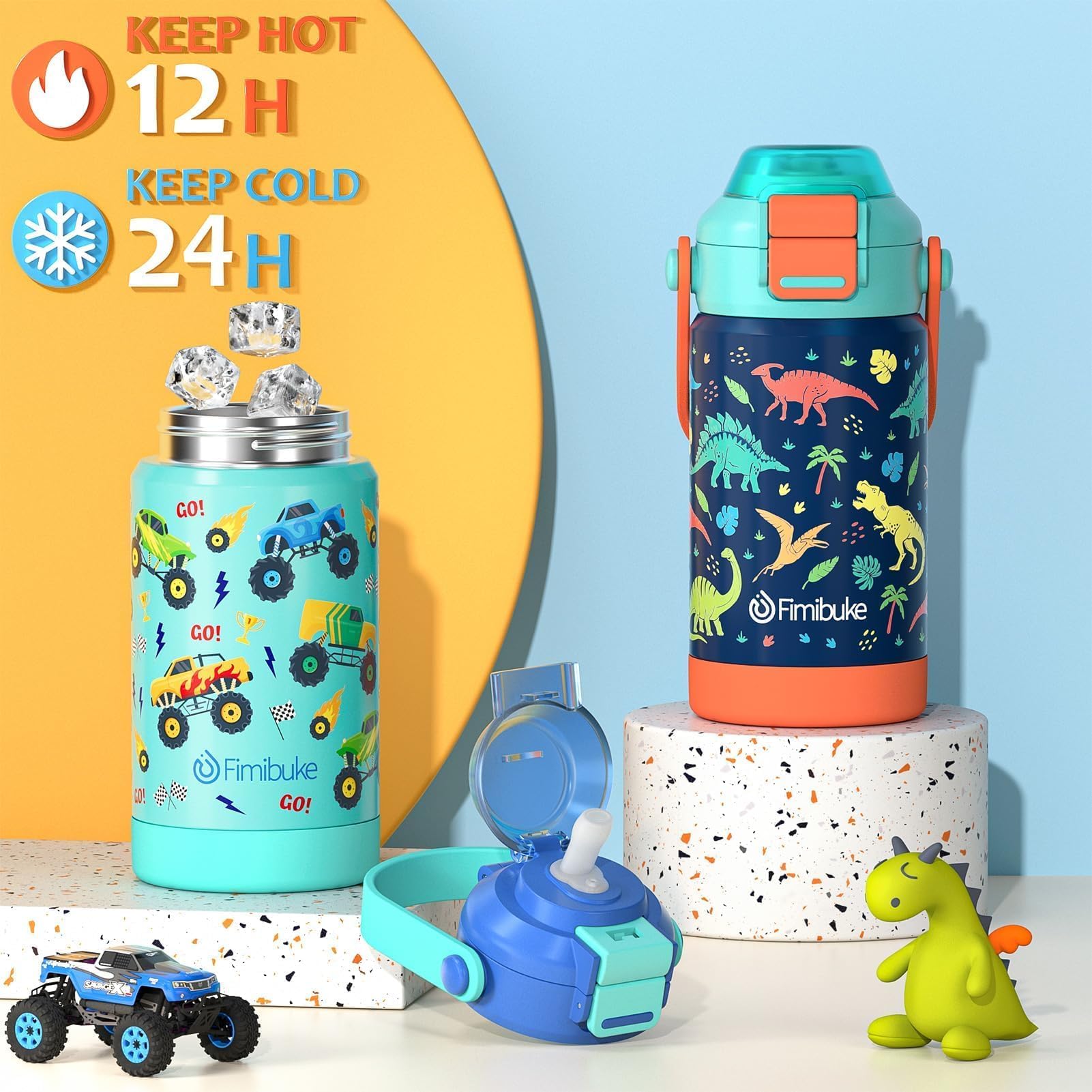 Fimibuke Kids Insulated Water Bottle With Pop-Open Straw & Spout 2-In-1 Lid, 14Oz Leak Proof 18/8