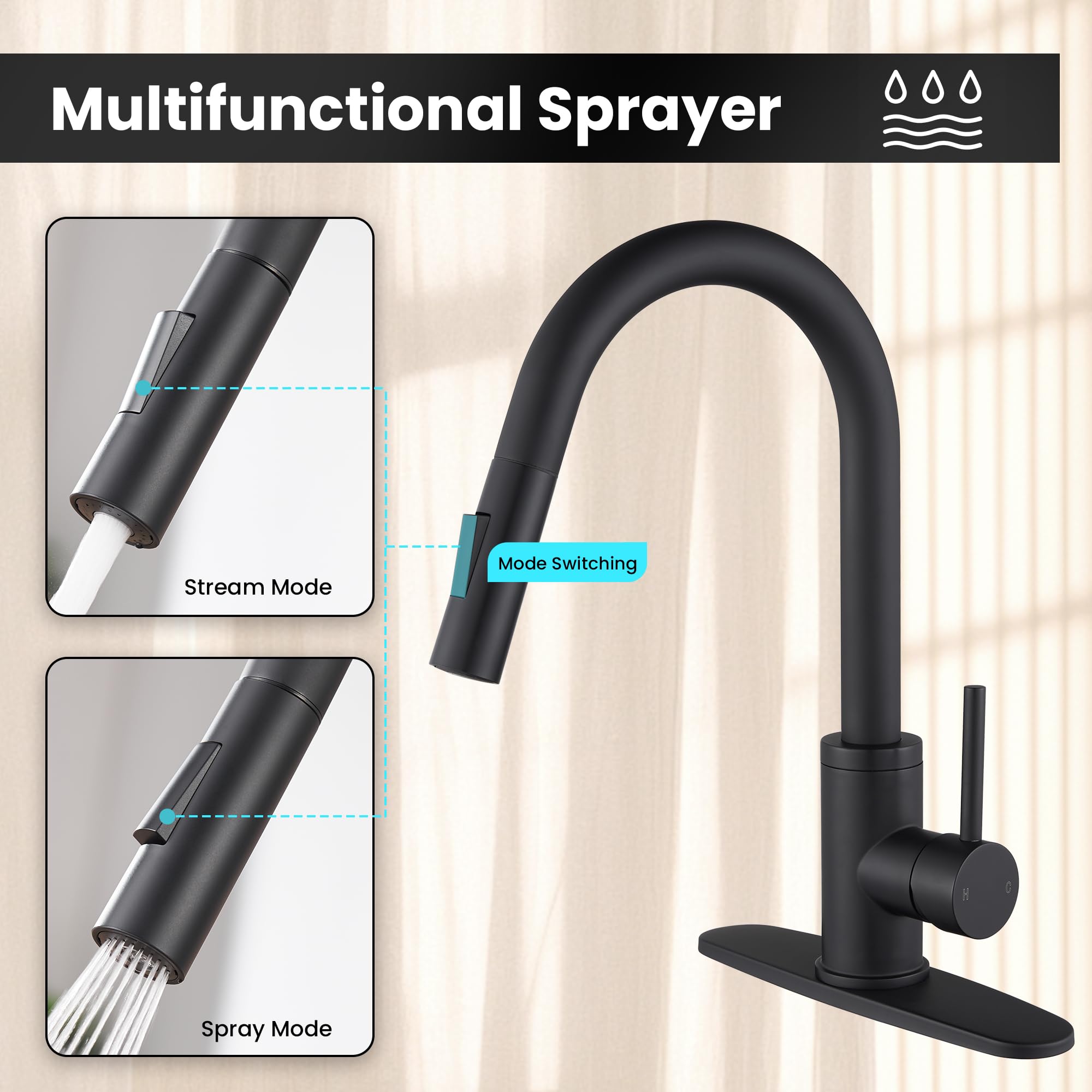 Kpw Kitchen Faucets, Matte Black Kitchen Faucet With Pull Down Sprayer, High Arc Single Handle Stainless Steel Sink Faucets 1 Or 3 Hole, Kitchen Sink Faucets For Farmhouse Campervan Laundry Rv