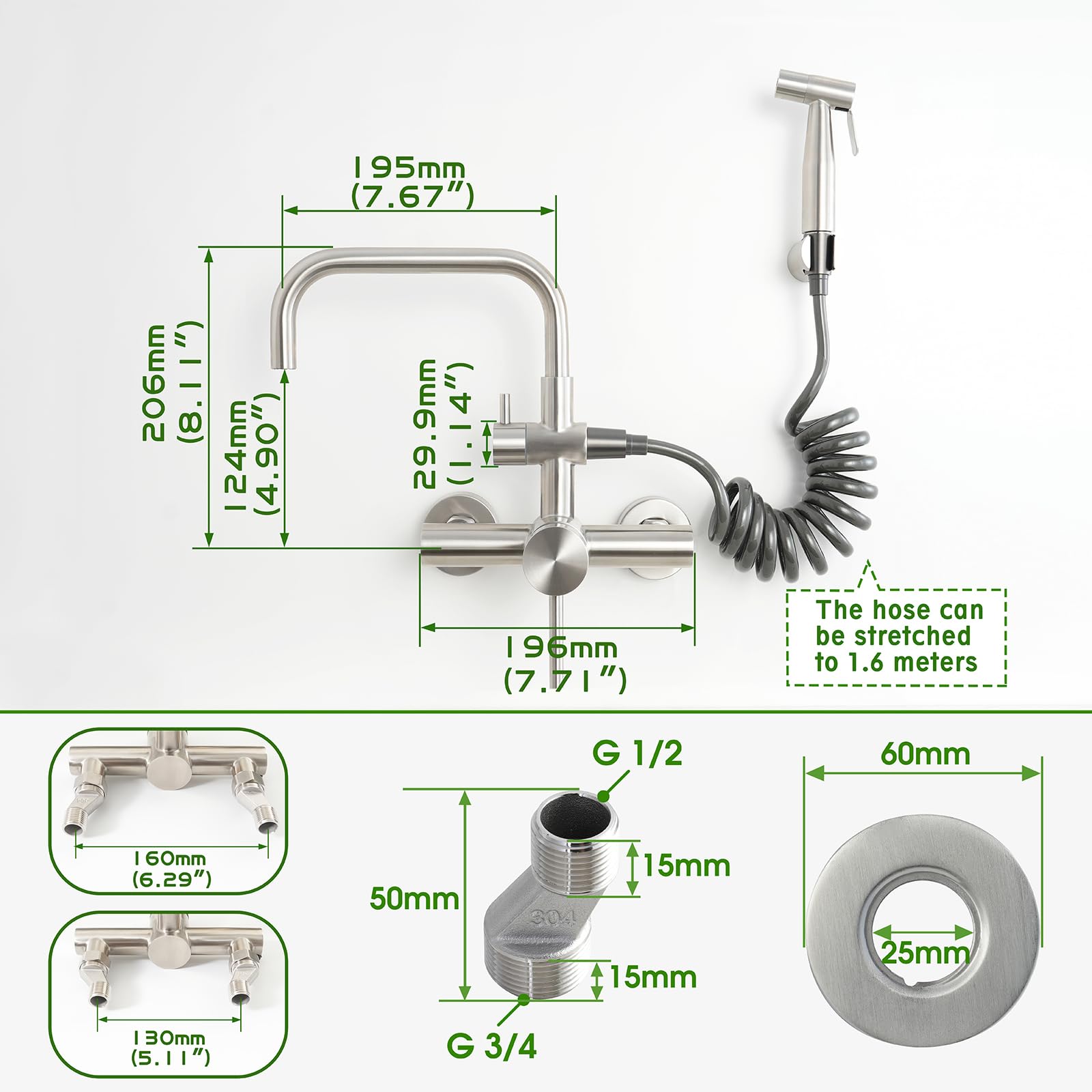Trywell Wall Mount Faucet With Handheld Sprayer 6 Inch Center Kitchen Faucets Swivel 360°Stainless Steel Commercial Sink Faucet With Retractable 79 Inch Hose Spray Accessory Set(W-004P)