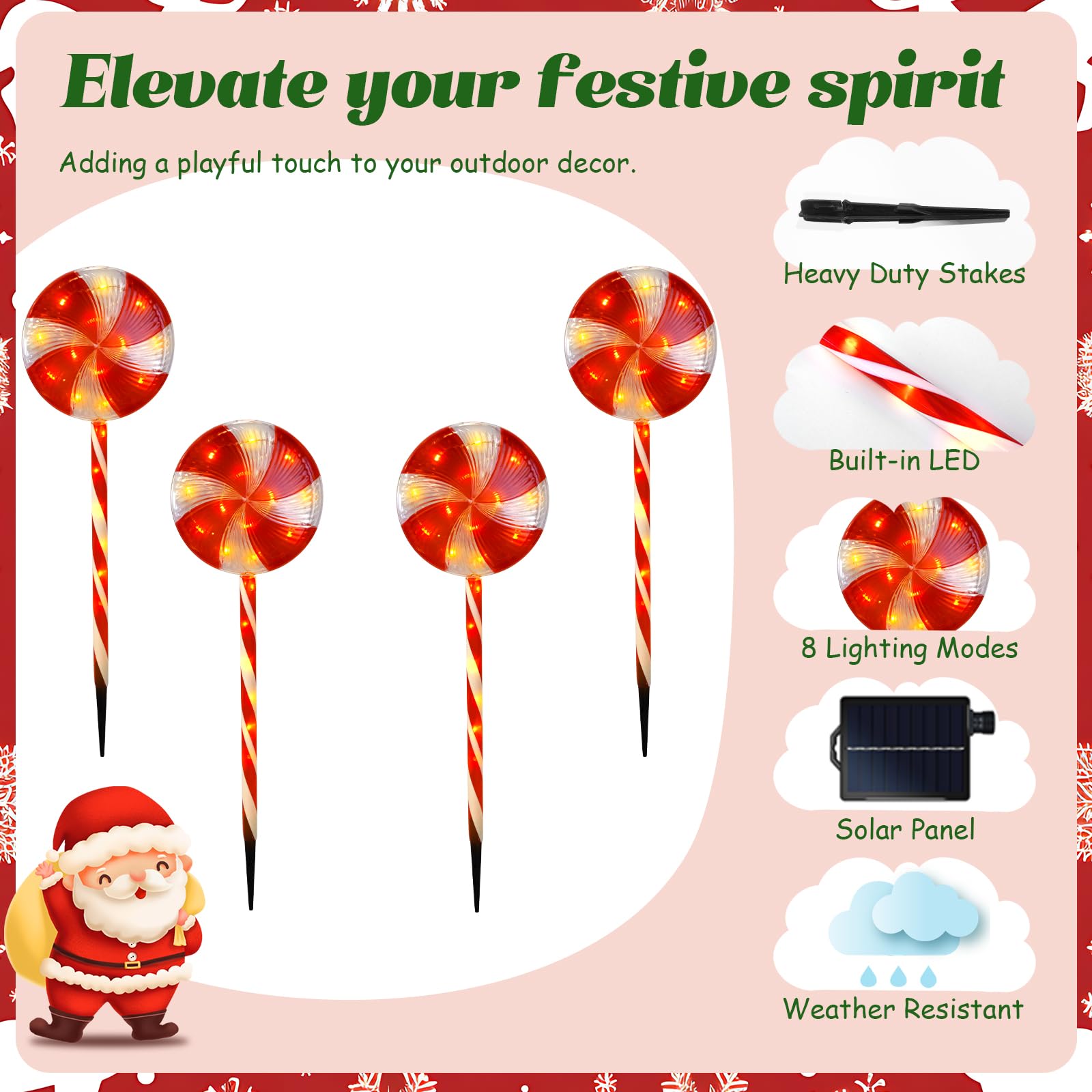 Lonfypeng Candy Christmas Decorations Pathway Outdoor Solar Lights, 29 Inches 80 Led Lollipop With 8 Modes Waterproof String, Outdoor For Yard Patio Walkway - 4Pcs
