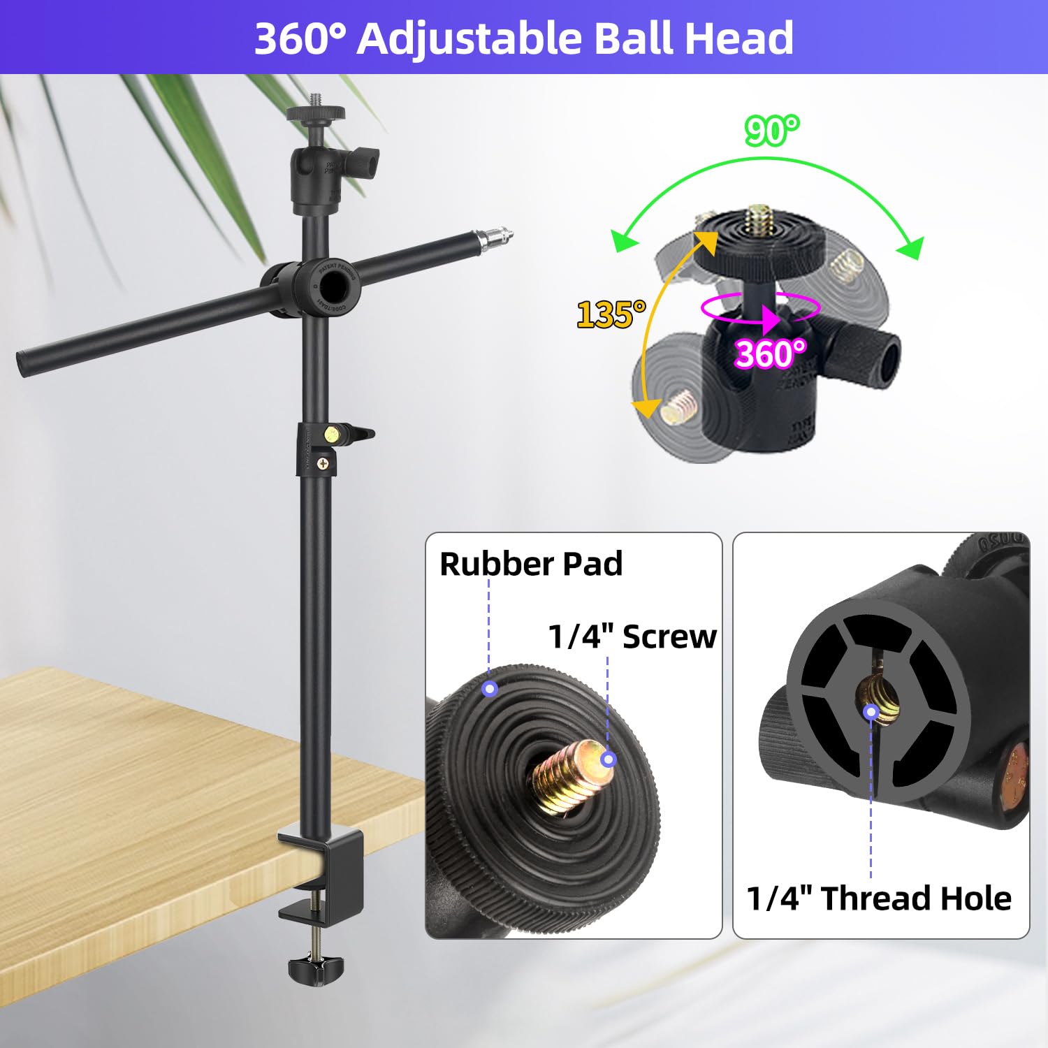 Jinsui Overhead Camera Mount, Webcam Stand For Desk With 360° Adjustable Holding Arm For Ring Light, Camera Desk Mount With Boom Magic Arm, Ball Head, Phone Holder For Cell Phone Microphone Video Streaming
